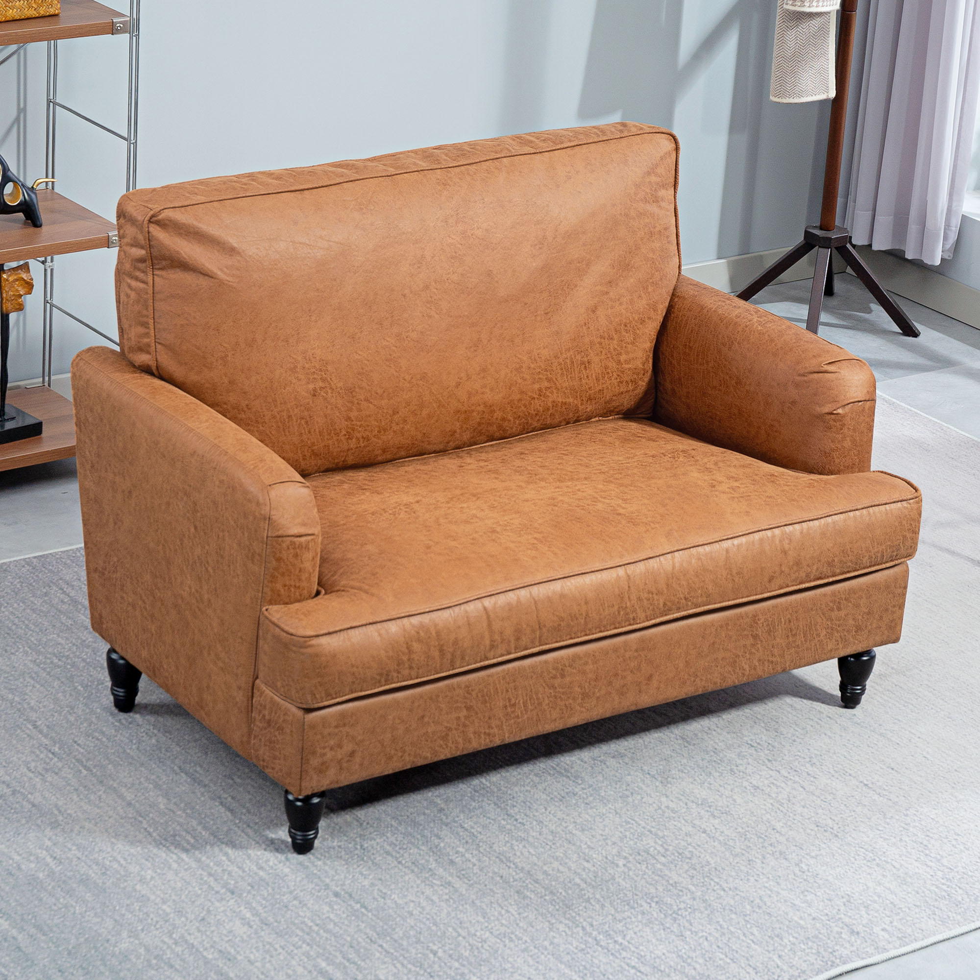 Modern Accent Chair, Leathaire Armchair with Turned Legs and Wide Seat, Comfy Chair for Living Room, Brown - Image 4