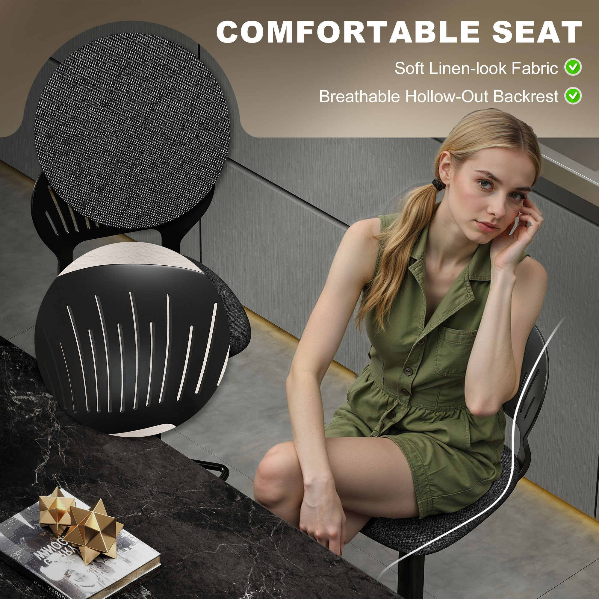 Bar Stools Set of 2, Modern Swivel Counter Height Barstools with Footrest and Hollow Backrest, Black - Image 2