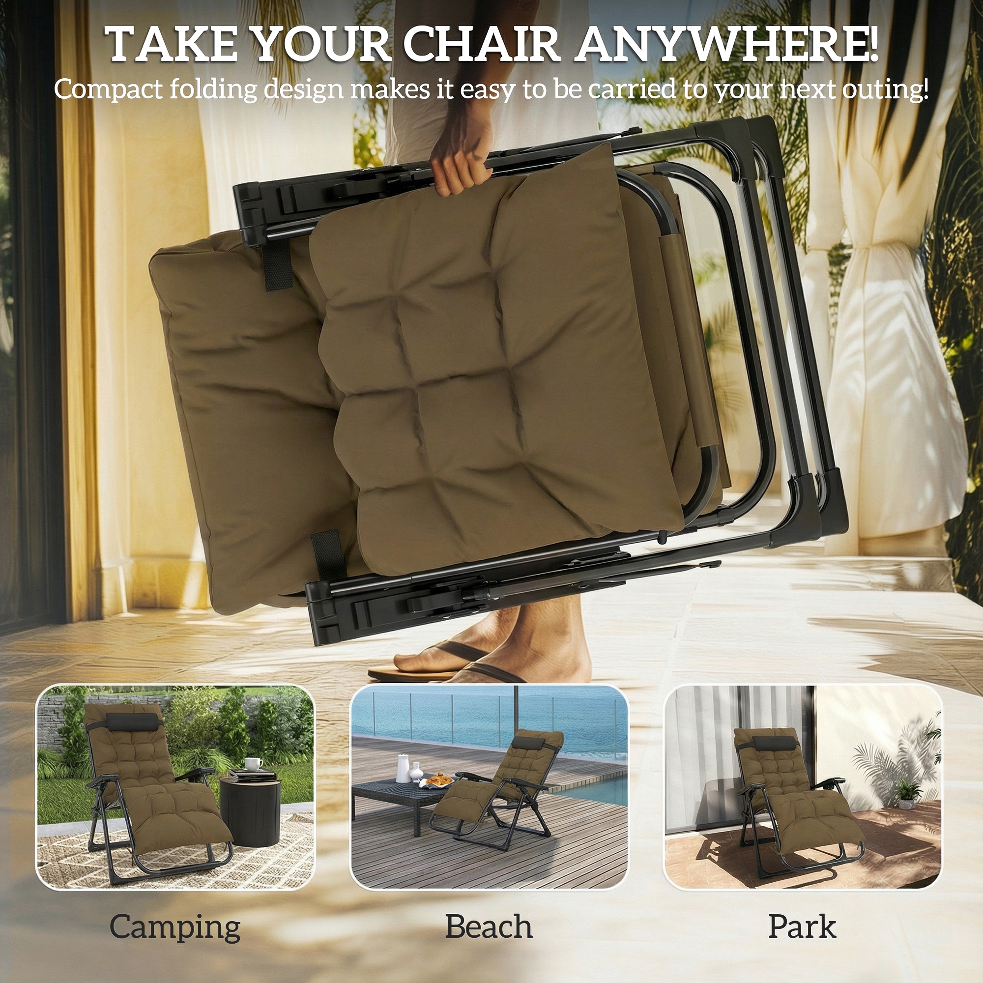 Folding Garden Chair, Reclining Zero Gravity Chair, Sun Lounger with Cushion and Headrest, Khaki - Image 3