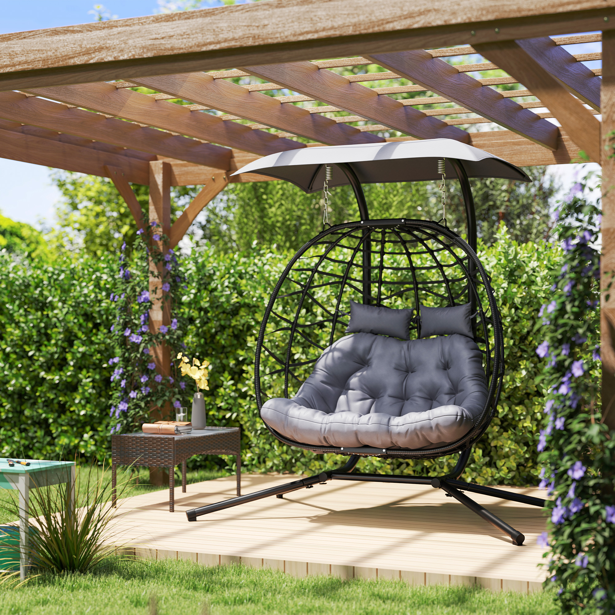 Double Wicker Egg Swing Chair with Canopy, Foldable Hanging Egg Chair with Stand Cushion Headrest, Black - Image 6