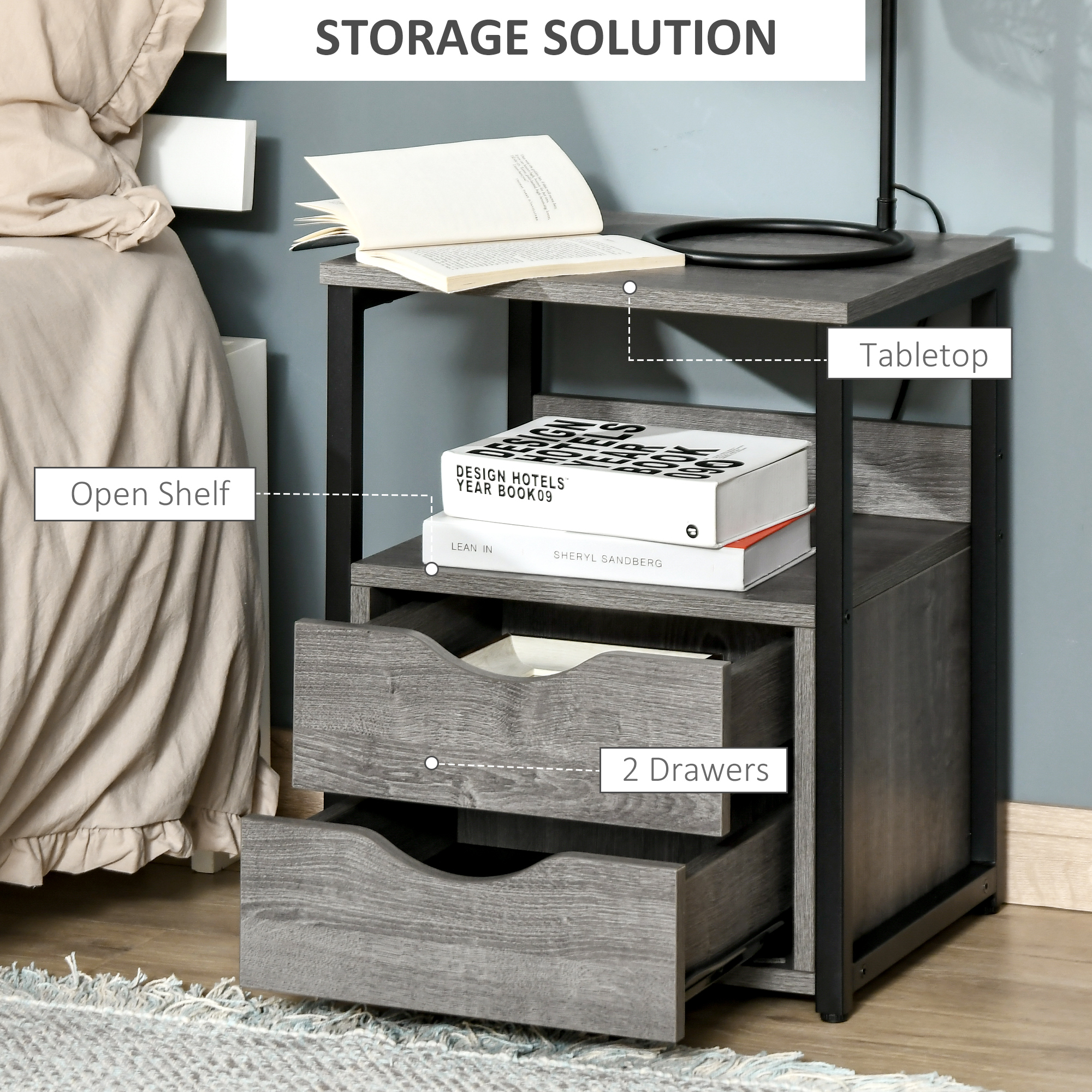 Nightstand with 2 Drawers, Industrial Side Table with Storage Shelf, Accent End Table for Bedroom, Living Room, Grey - Image 2
