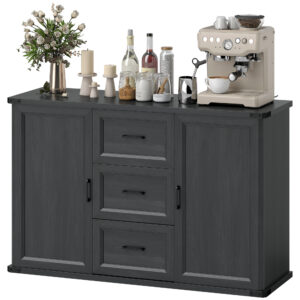 Sideboard with 3 Drawers and 2 Doors, 47" Buffet Cabinet with Adjustable Shelves for Kitchen, Black Wood Grain