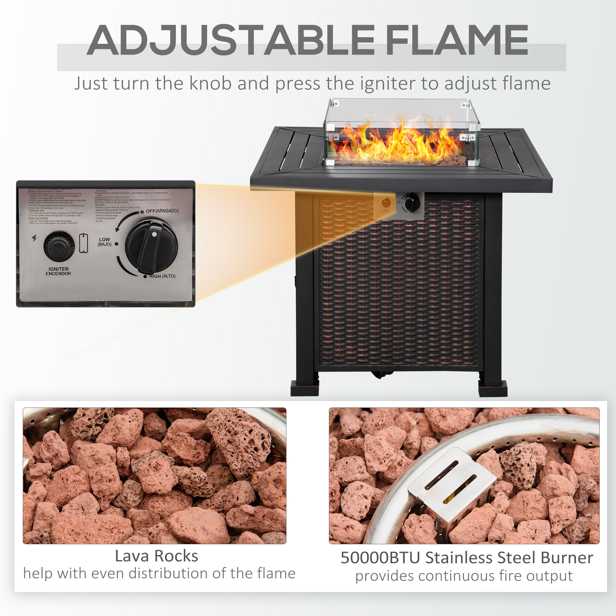 32" Propane Gas Fire Pit Table, 50,000 BTU Square Patio Table with Fire Pit, Wind Guard, Lid, CSA Certified, Black - Image 4