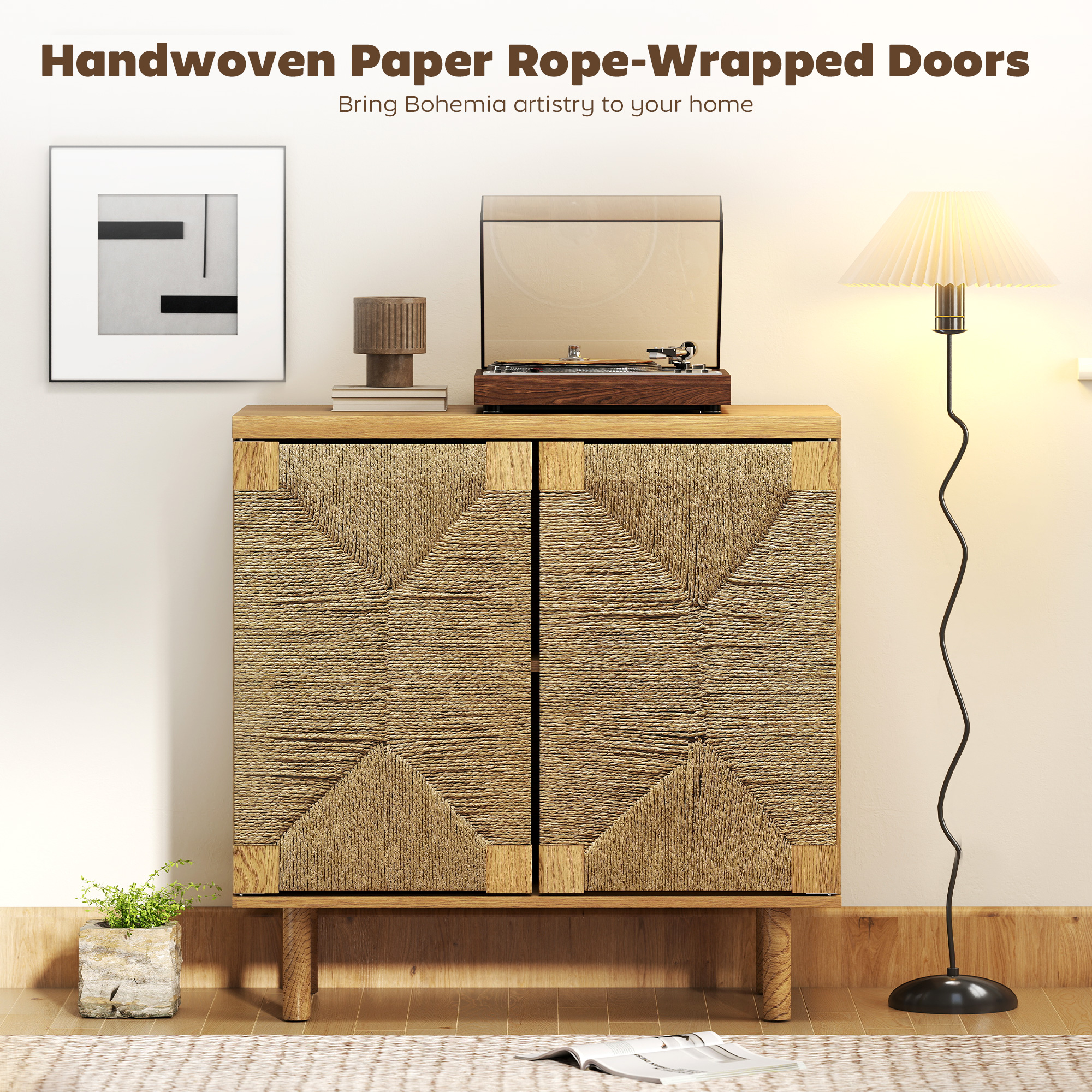 Handwoven Rope Accent Cabinet Boho Sideboard Buffet Cabinet with Push to Open Doors Adjustable Shelf Pine Wood Legs Oak - Image 3