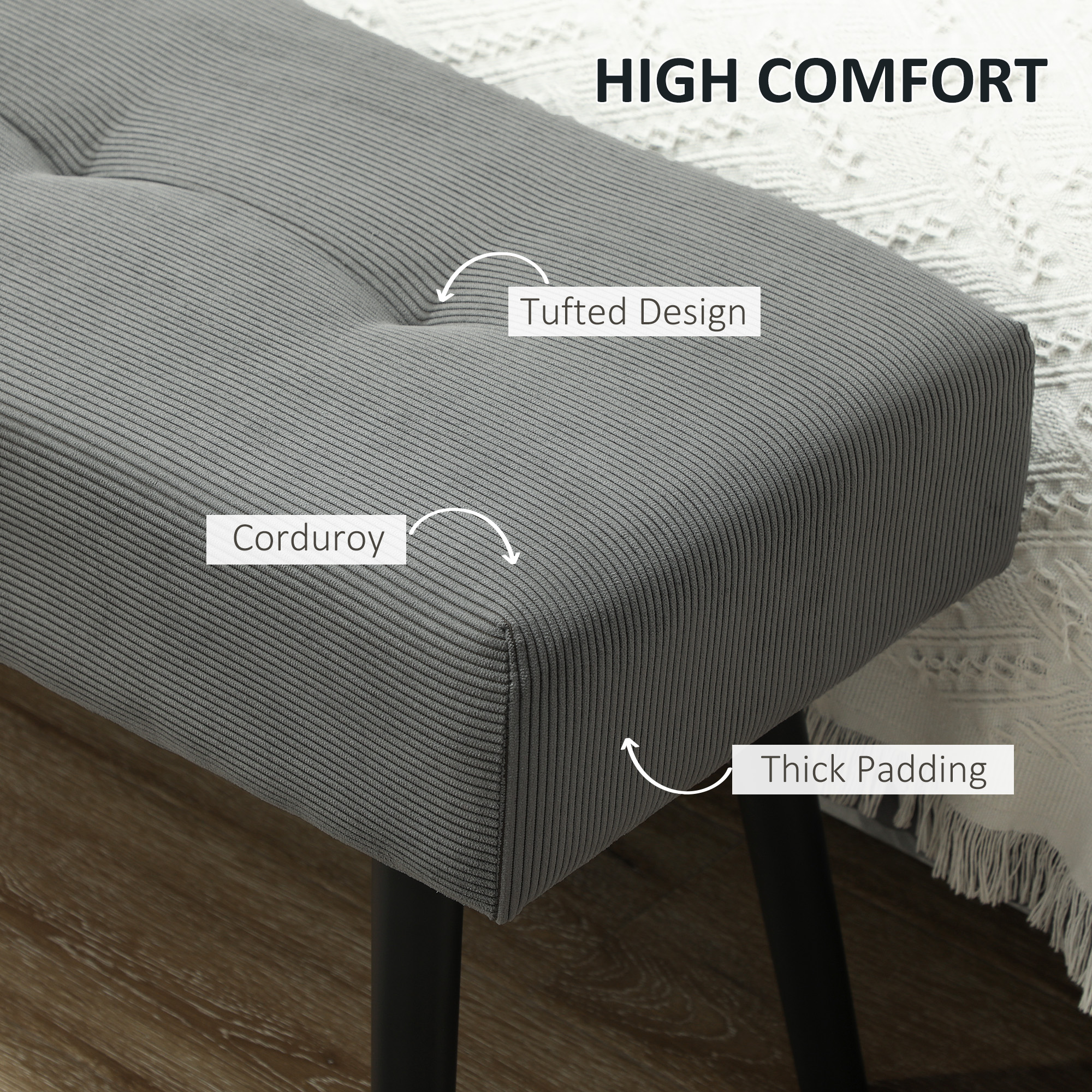 39" Upholstered Ottoman Bench, Corduroy Entryway Bedroom Bench with Padded Seat and Steel Legs for Bedroom, Grey - Image 2