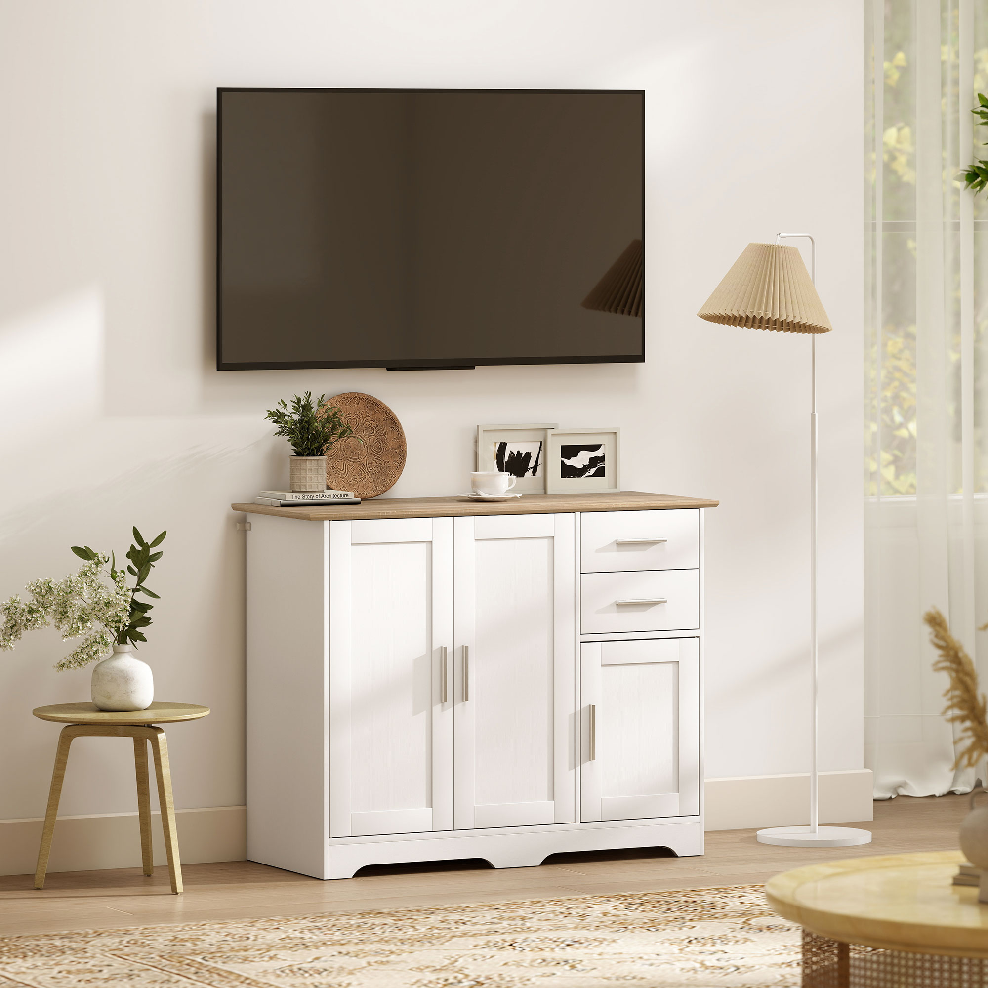 40" Sideboard Buffet Cabinet, Modern Kitchen Storage Cabinet with 2 Drawers, 3 Doors & Adjustable Shelf, White - Image 5