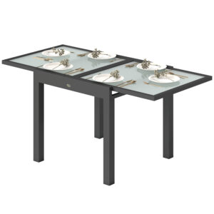 Extendable Patio Dining Table, Tempered Glass Aluminum Outdoor Table for Garden Lawn Backyard, Clear