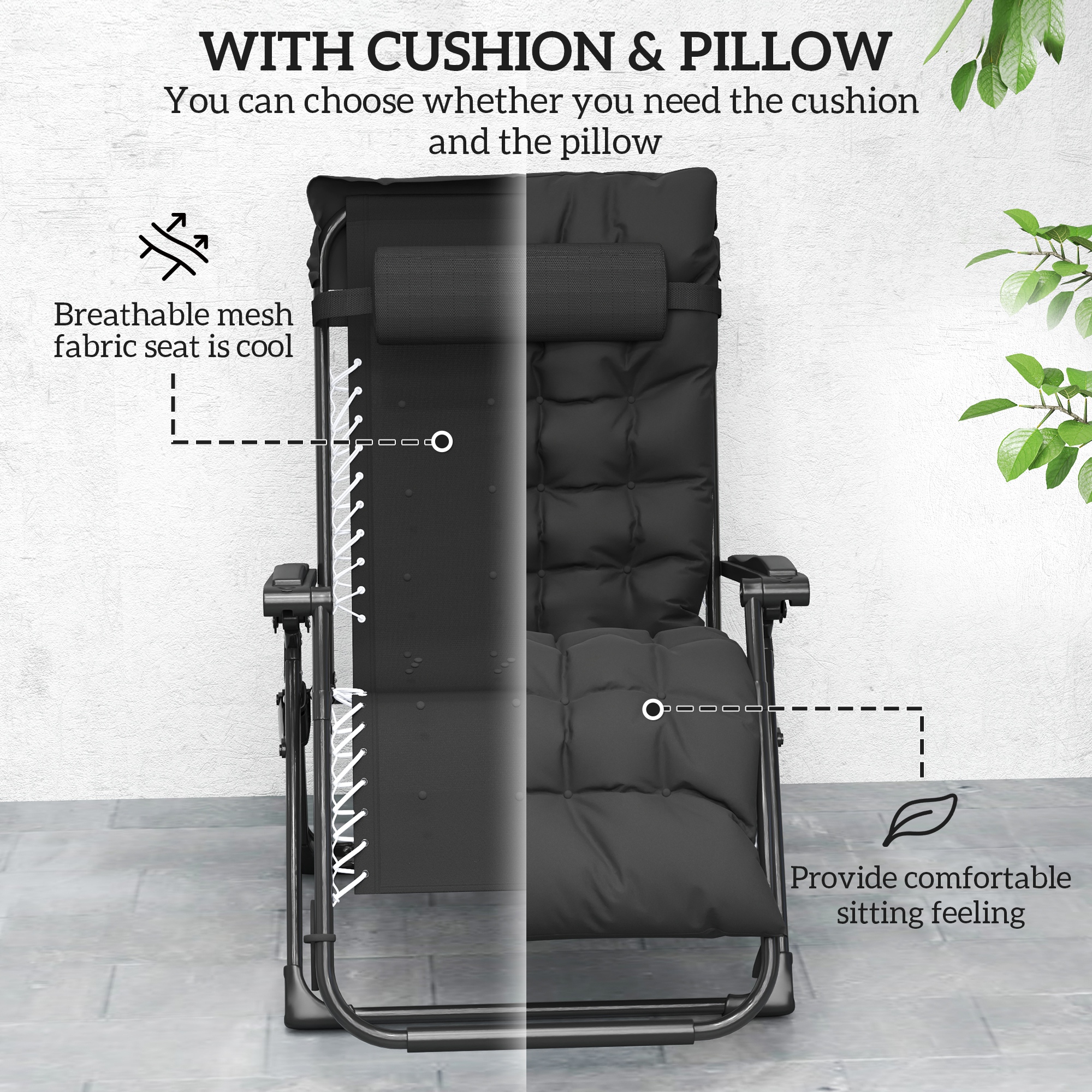Folding Garden Chair, Reclining Zero Gravity Chair, Sun Lounger with Cushion and Headrest, Black - Image 4