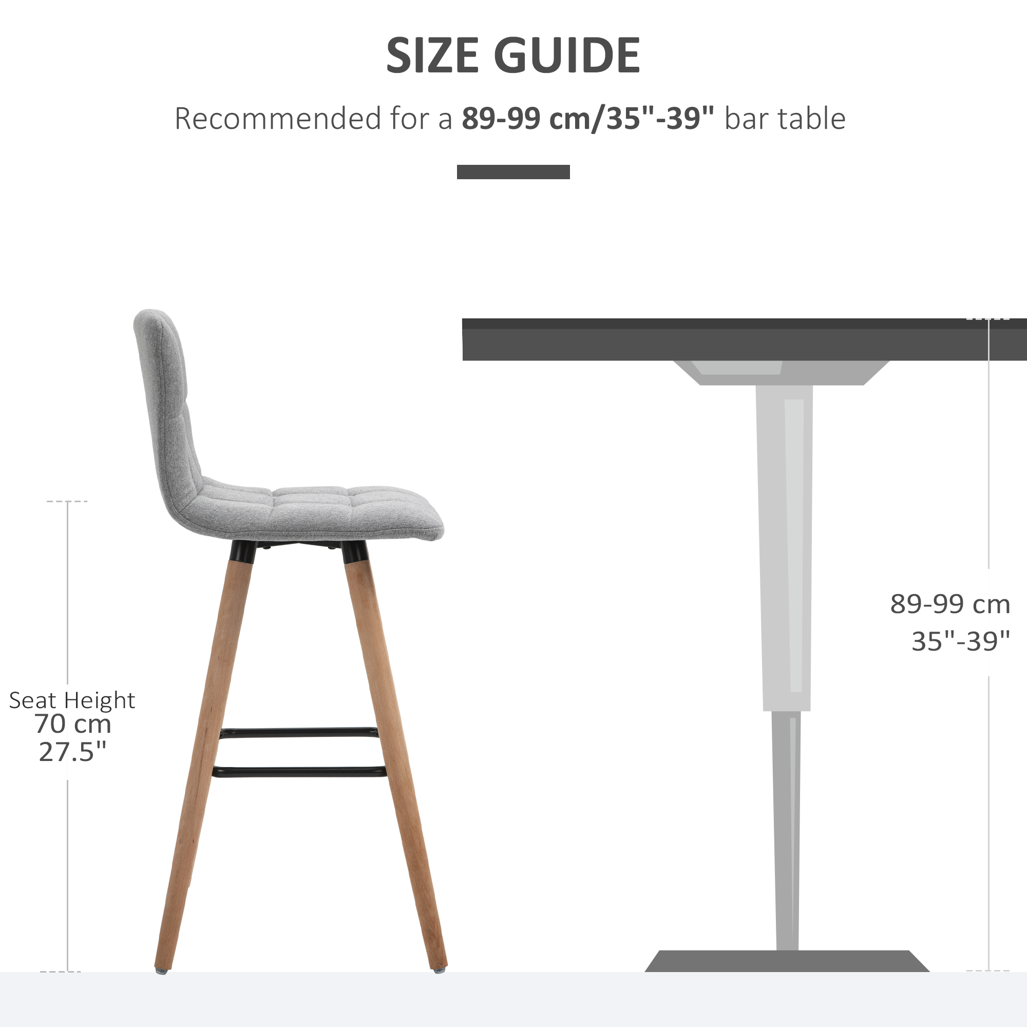 Modern Bar Stools Set of 2, 38" Upholstered Kitchen Island Stool with Solid Wood Legs, Grey - Image 5