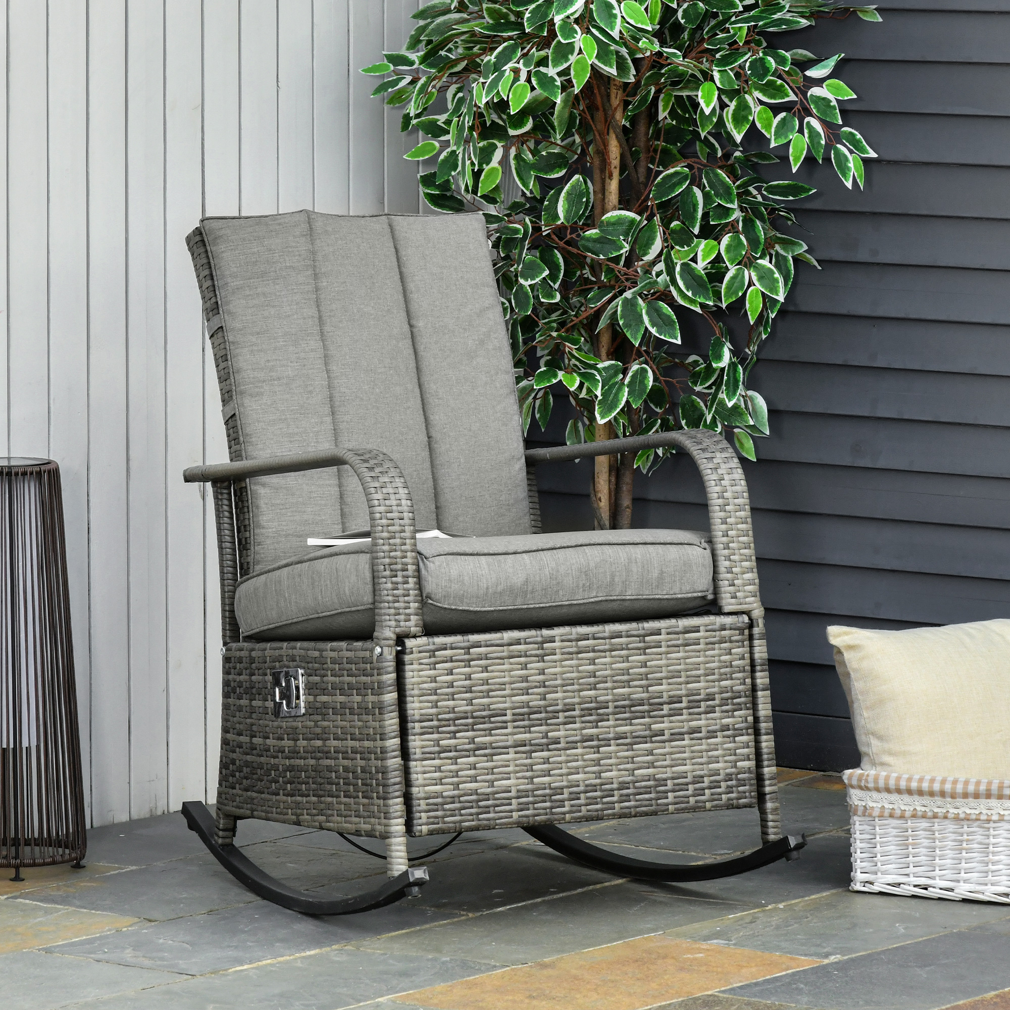 Outdoor Wicker Rocking Chair with Cushion, Patio PE Rattan Recliner Chair with Adjustable Footrest, Armrests, Mixed Grey - Image 6