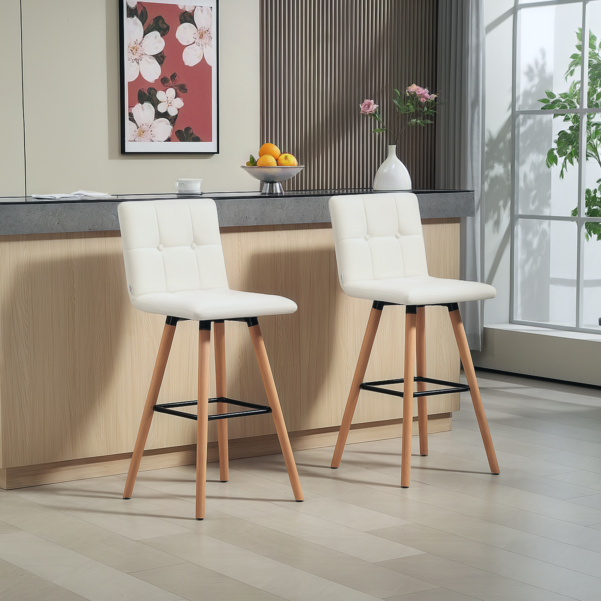 Modern Bar Stools Set of 2, 38" Upholstered Kitchen Island Stool with Solid Wood Legs, White - Image 6