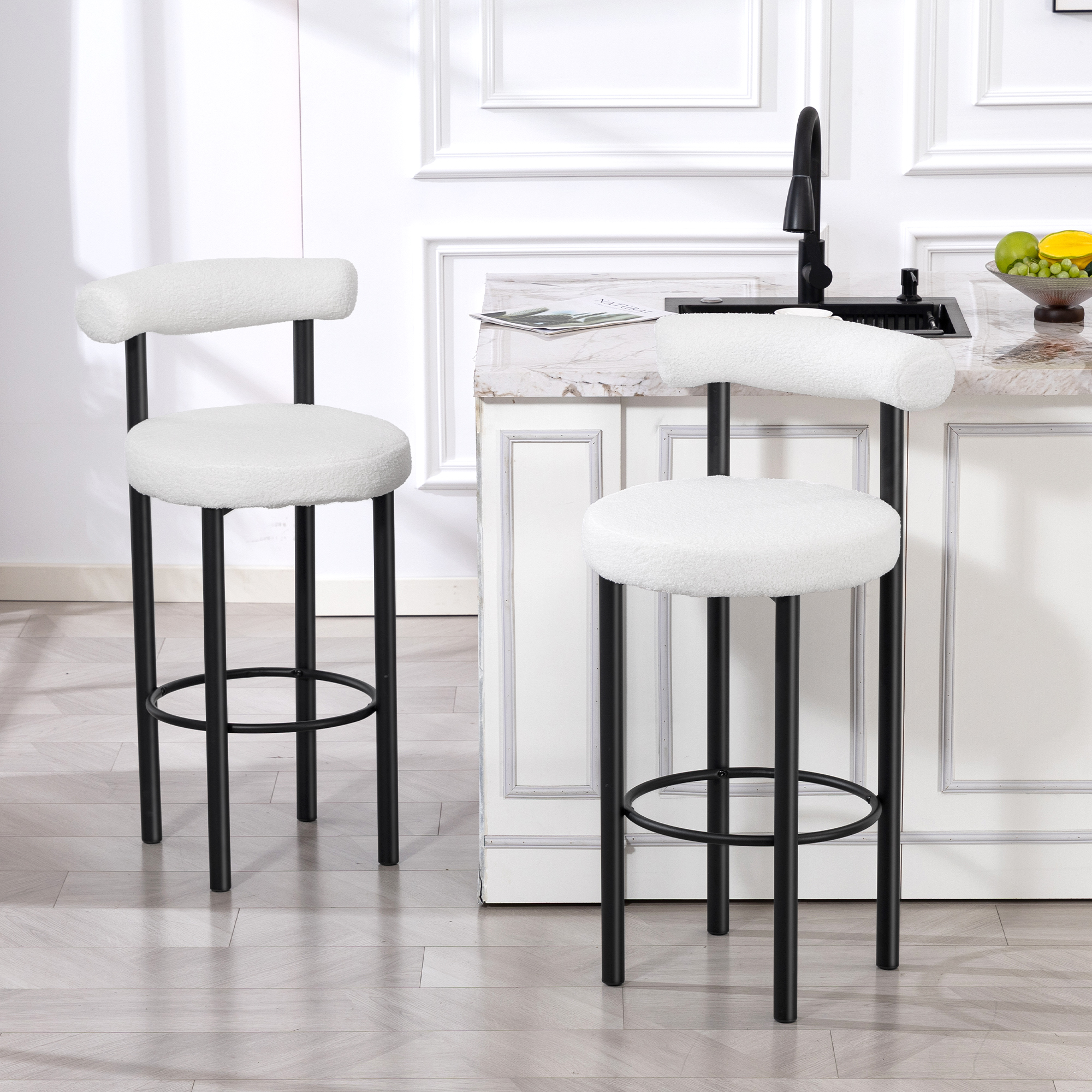 Bar Stools Set of 2, Sherpa Upholstered Barstools with Backrest, Bar Height Stools with Footrest for Kitchen Island - Image 6