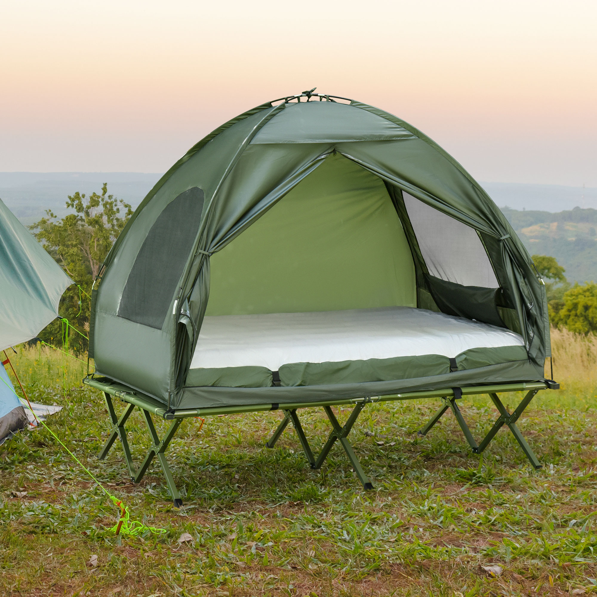 All in 1 Camping Combo Portable Folding Camping Tent Cot Air Mattress w/ Carry Bag and Pump Hiking Shelter Sleeping Bed Dark Green - Image 6