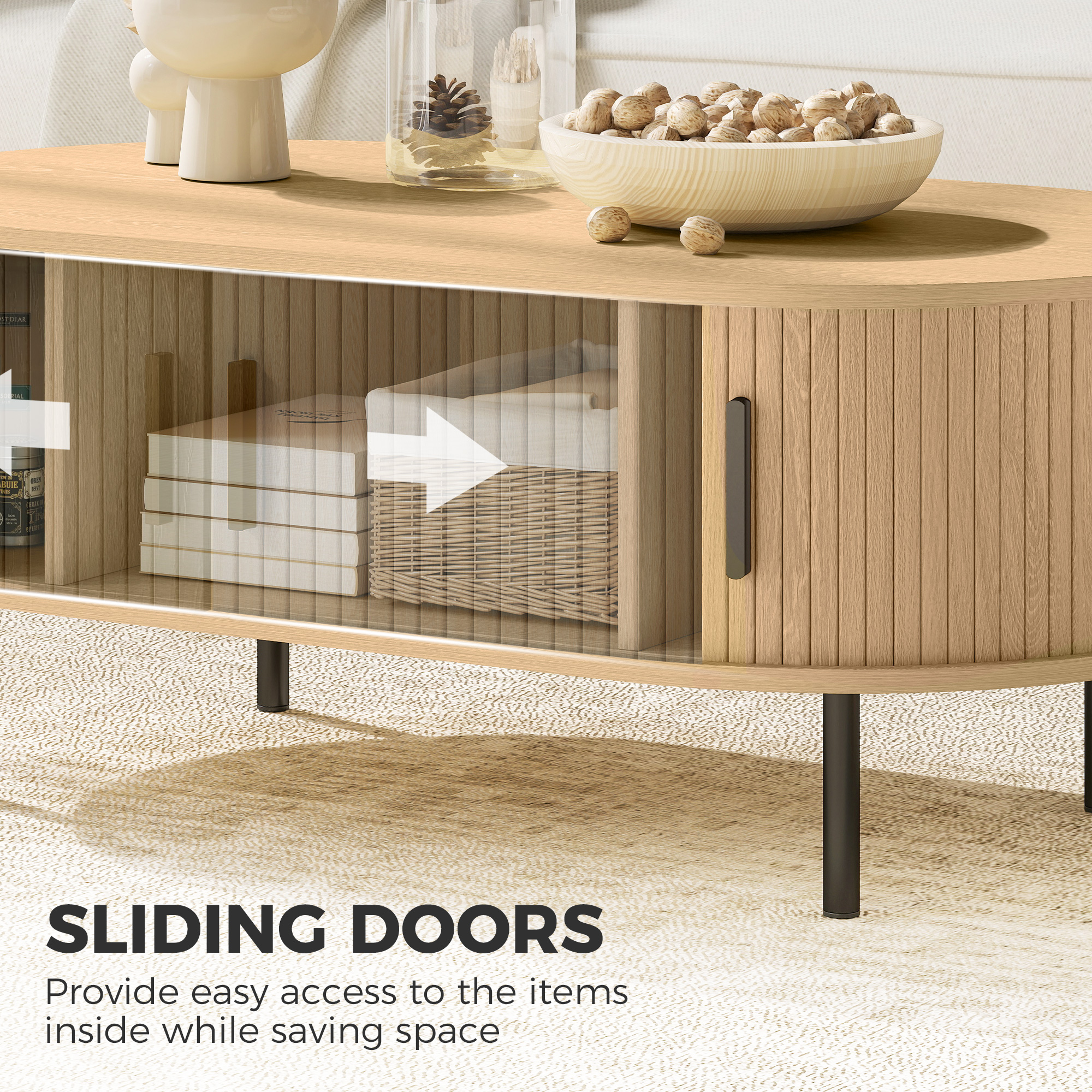 Coffee Table with Sliding Tambour Doors and Storage Center Table with Metal Legs, 39", Natural - Image 3