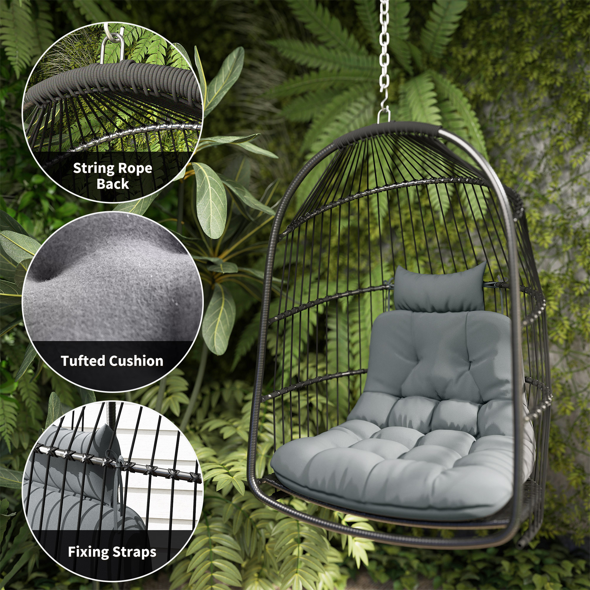 Hanging Egg Chair, Foldable Rattan Garden Swing Chair with Installation Kit, Thickened Cushion and Headrest, Dark Grey - Image 5