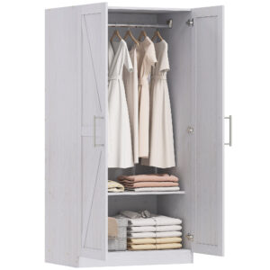 Wardrobe Cabinet with Hanging Rod, Anti-Tipping and 2 Barn Doors, Farmhouse Wardrobe Closet for Bedroom, White Wood Effect