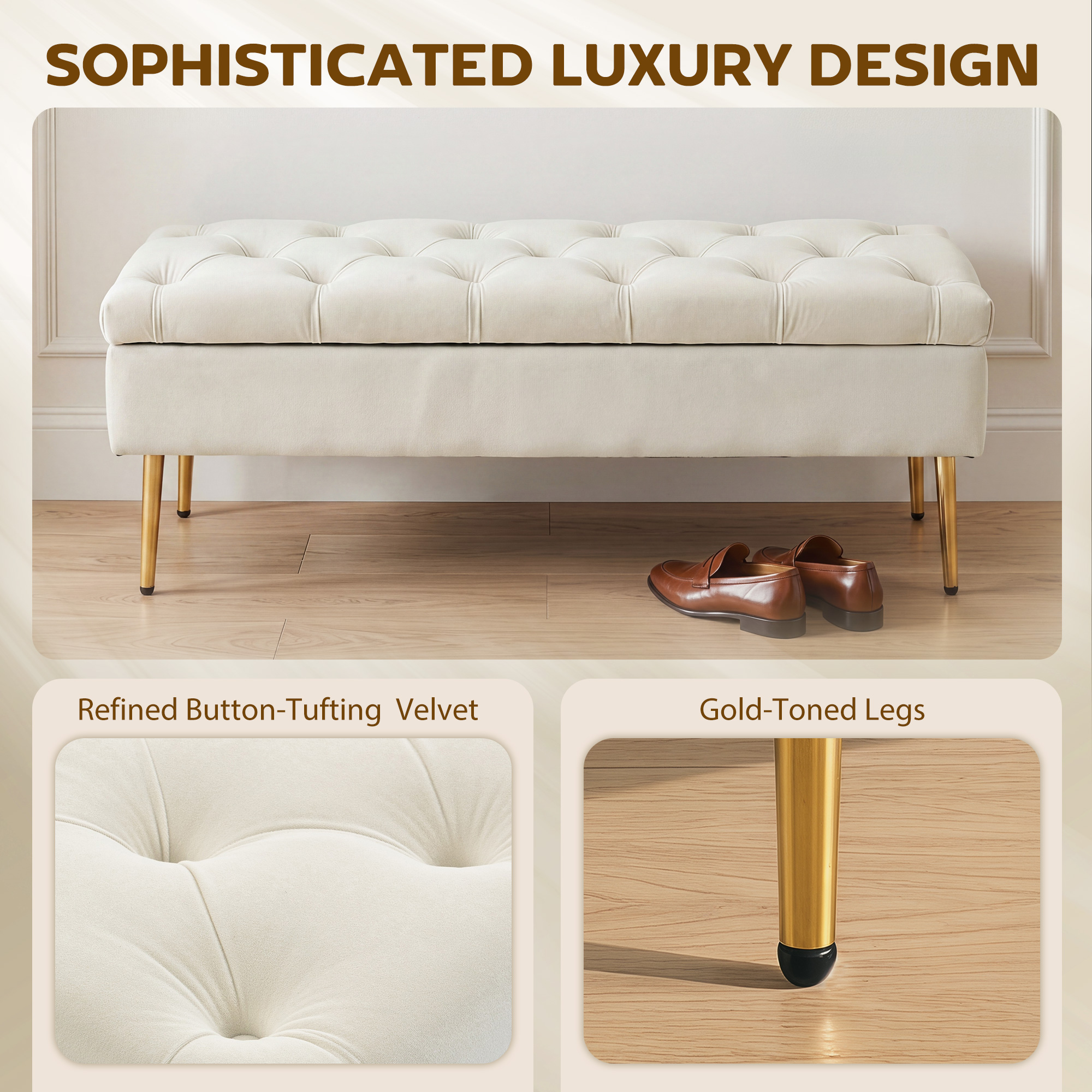 Upholstered Bedroom Bench with Gold Tone Metal Legs, Velvet Tufted and Thick Padding, Beige - Image 2