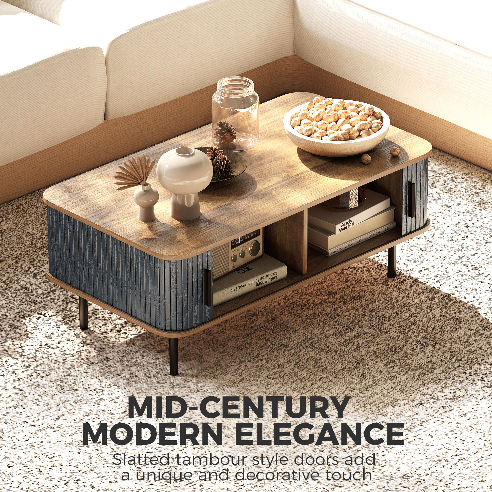 Nordic Side Table with Fluted Tambour Sliding Doors and Steel Legs, Coffee Table with Storage for Living Room, Black - Image 2