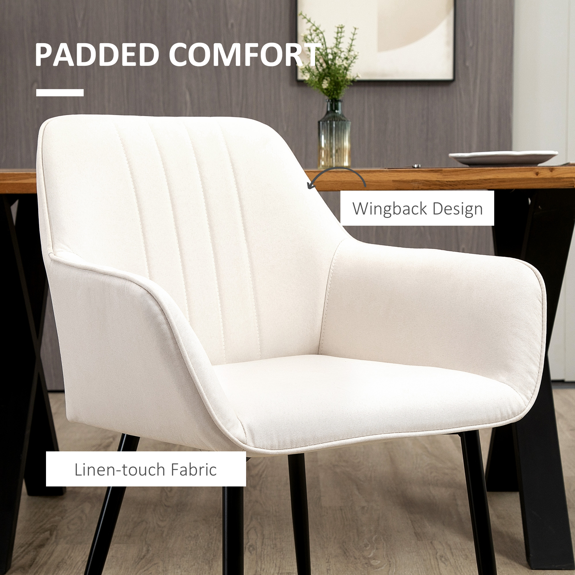 Dining Chairs Set of 2, Upholstered Linen Fabric Accent Chairs with Metal Legs, Beige - Image 3