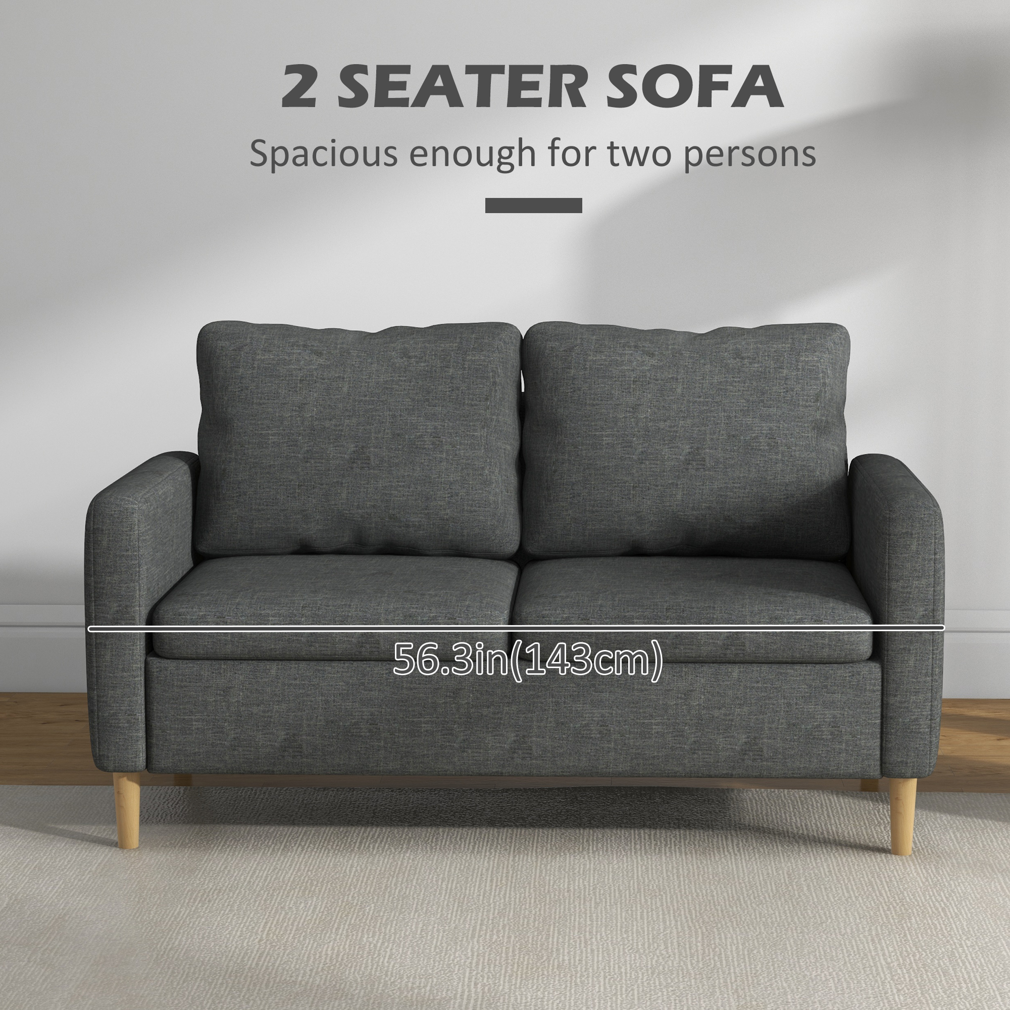 56" 2 Seat Sofa, Modern Love Seats Furniture, Upholstered 2 Seater Couch with Side Pockets, Solid Wood Frame, Grey - Image 2