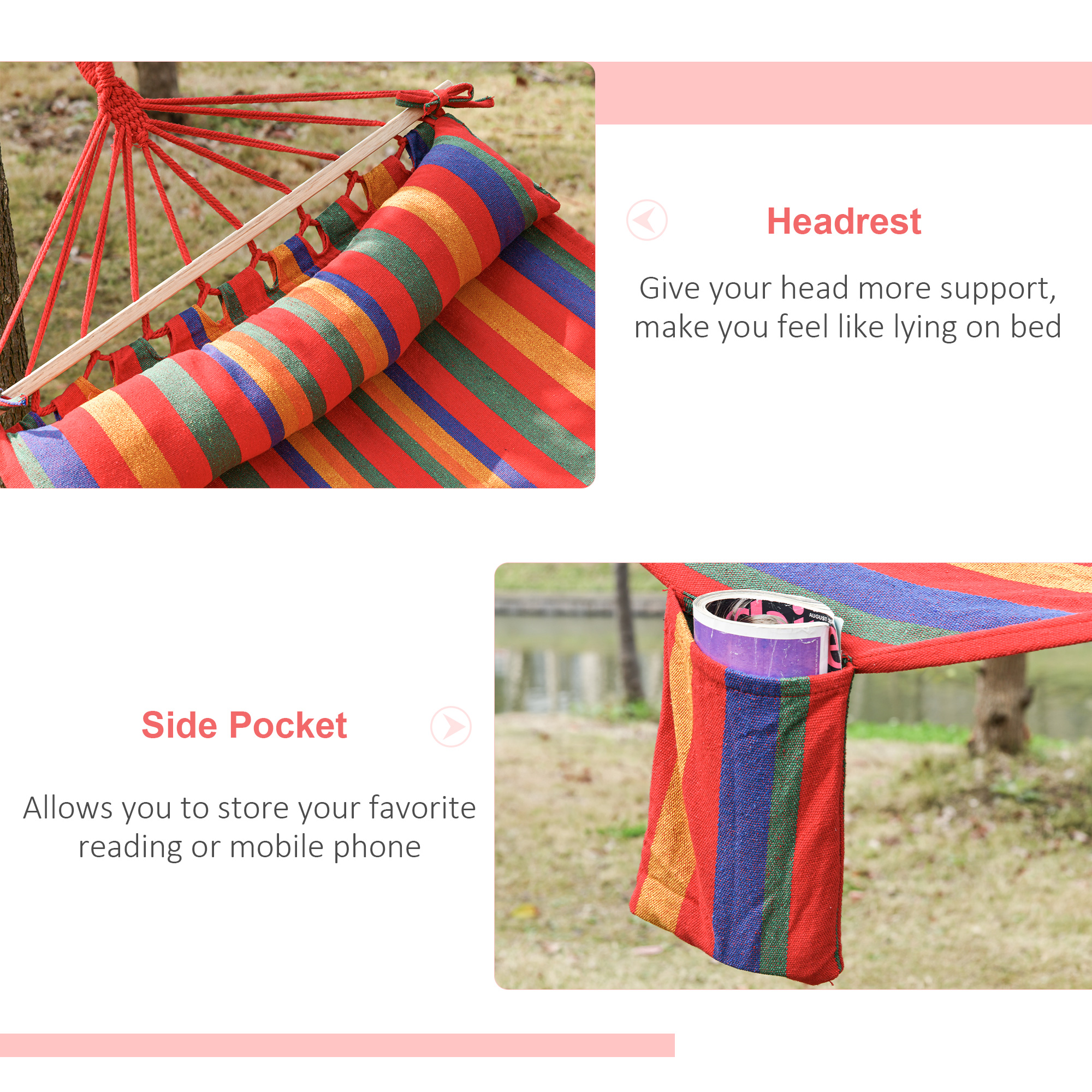 Cotton Hammock Portable Soft Swing Sleeping w/ Headrest & Side Pocket Deluxe Swing Chair for Beach, Yard, Bedroom, Patio, Porch, Indoor, Outdoor, Rainbow Stripes - Image 5