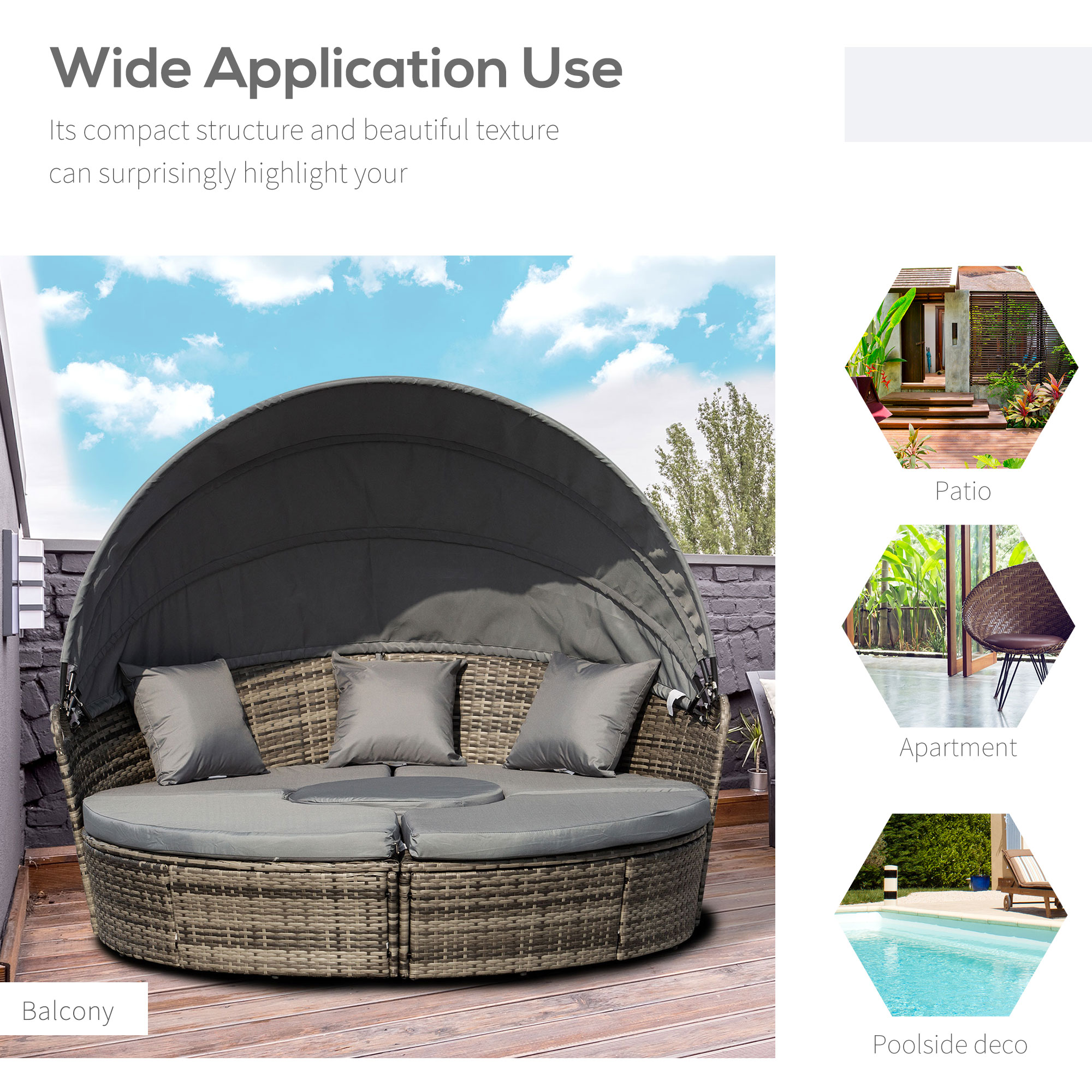 4 Pieces Outdoor Daybed with Retractable Canopy, PE Rattan Wicker Round Sofa Day Bed, Patio Sectional Conversation Furniture Set with Cushions and Pillows, Grey - Image 4