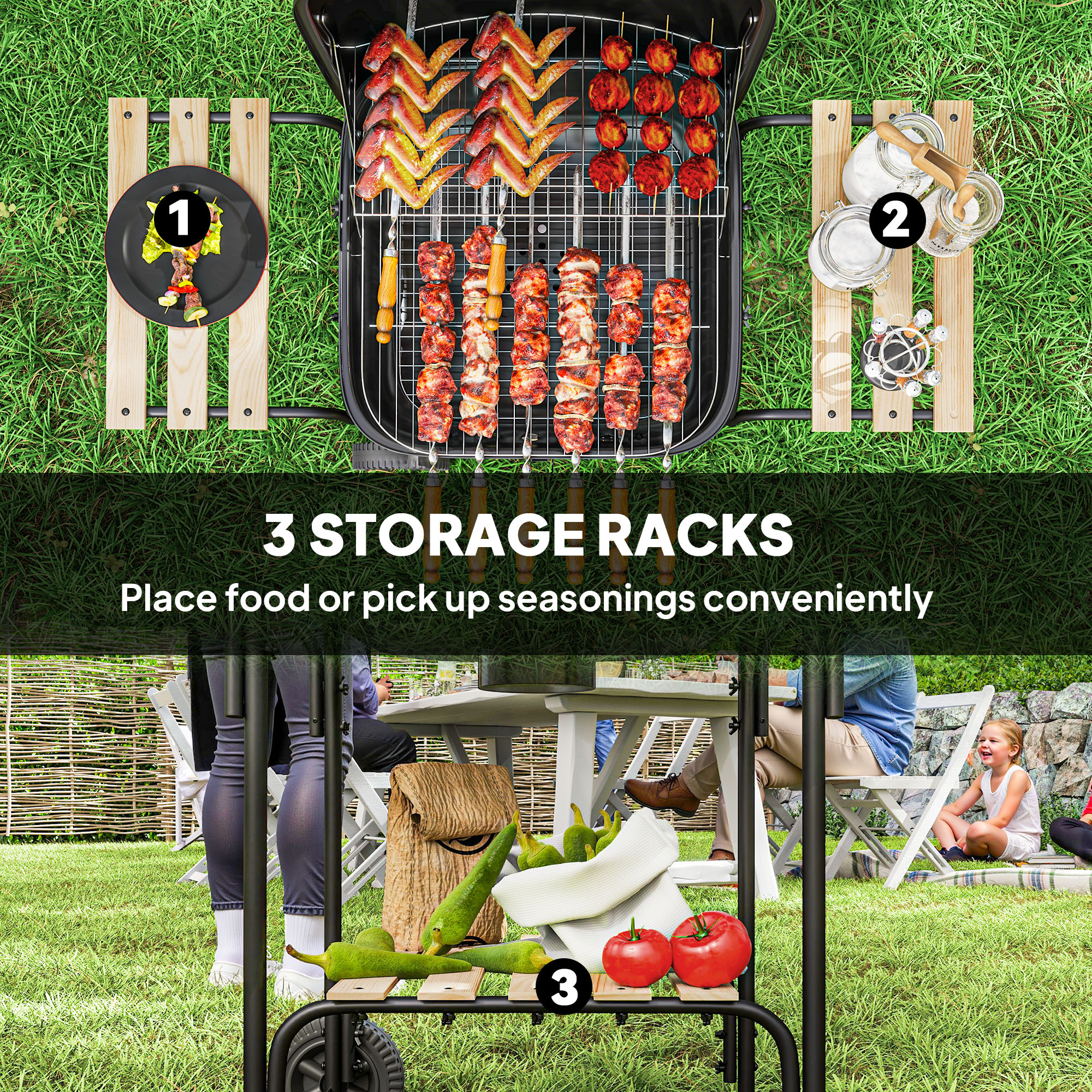 Charcoal BBQ Grill, BBQ Grill with 1840 cm² Cooking Area, 3 Shelves, Adjustable Vent, Lockable Lid, Wheels, Black - Image 4