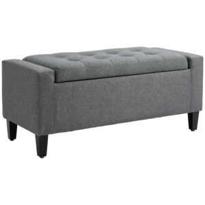 36" Storage Ottoman Bench, Linen-Look Fabric End of Bed Bench with Solid Wood Frame and Legs, Tufted Storage Chest, Footrest for Living Room, Bedroom, Entryway, Grey