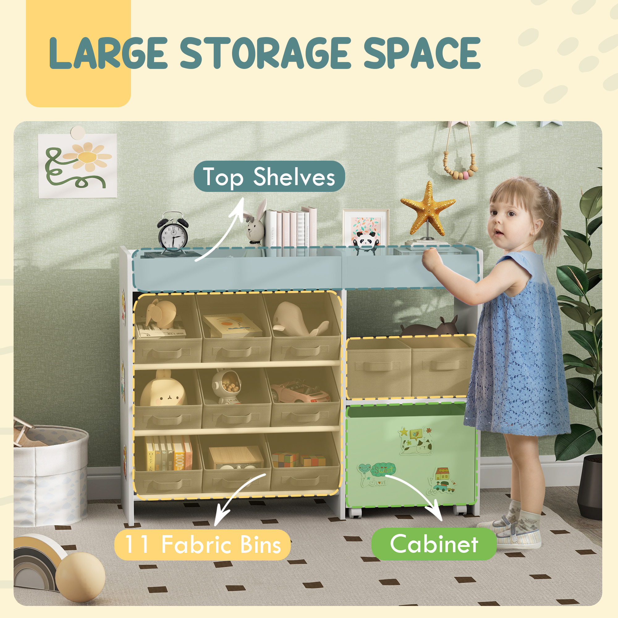 Qaba Kids Toy Storage Organizer with 11 Bins, Moveable Cabinet, Top Shelves, 3 Stickers, for Nursery, Playroom, White - Image 2