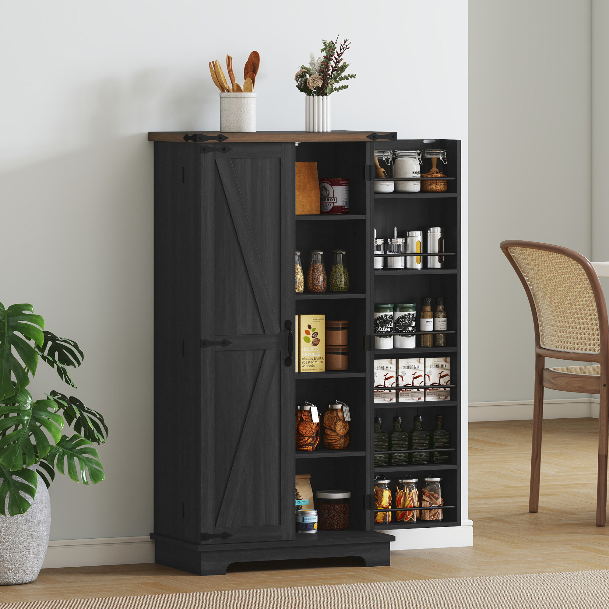 47" Kitchen Pantry Storage Cabinet, Farmhouse Kitchen Pantry Cabinet with Adjustable Shelves and Door Shelves, Black - Image 6