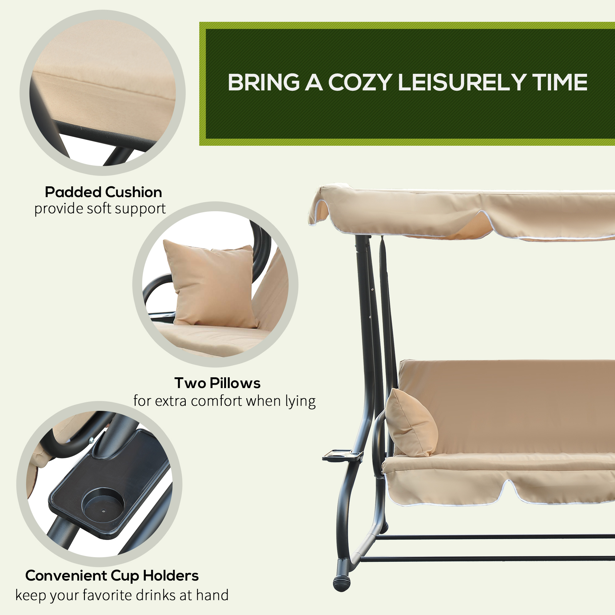 3-Seat Outdoor Patio Swing Chair, 2-in-1 Convertible Flat Bed, Canopy Swing with Adjustable Shade, Removable Cushions, Cup Holder, Beige - Image 4