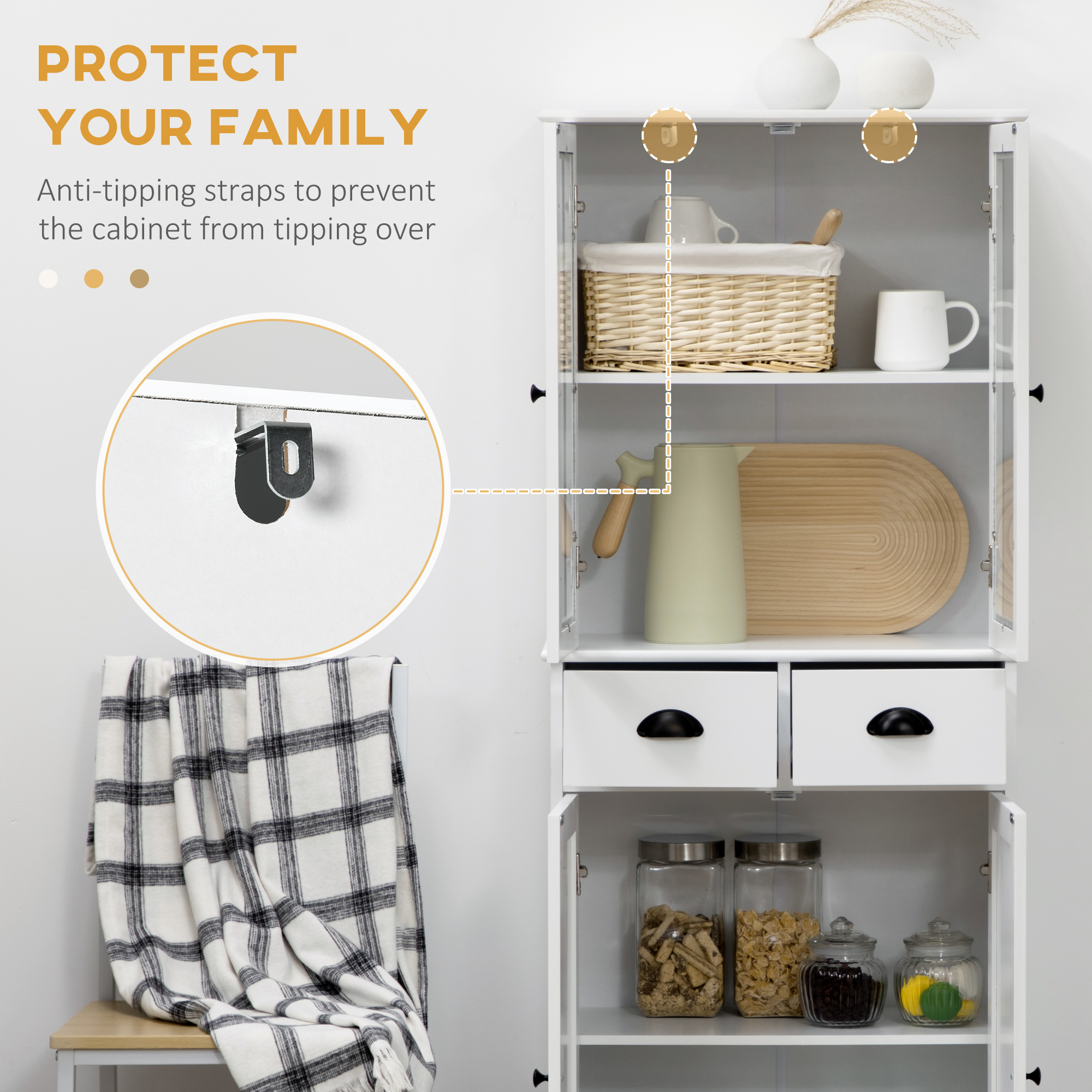 61" Kitchen Pantry Cabinet, Freestanding Farmhouse Buffet Storage Cabinet with Soft Close Glass Doors and Adjustable Shelves, White - Image 4