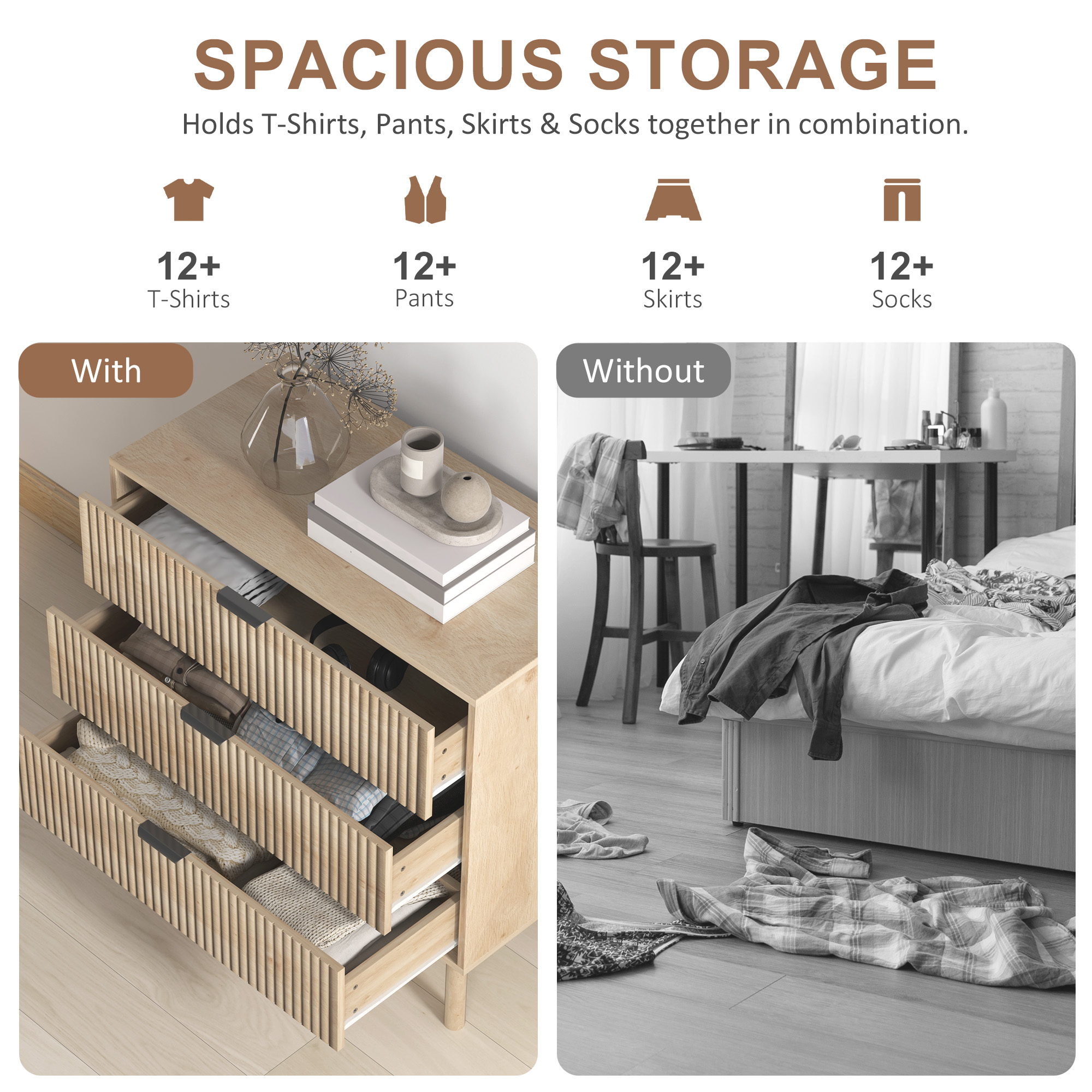Bedroom Chest of Drawers, 3 Drawer Dresser with Fluted Panels and Solid Wood Legs, Storage Cabinet for Living Room, Oak - Image 3