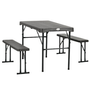 Folding Picnic Table with 2 Benches, 3-Piece Portable Outdoor Picnic Table Bench Set for 4, Patio Dining Table Set with Plastic Top, Steel Frame for Garden, Dark Grey