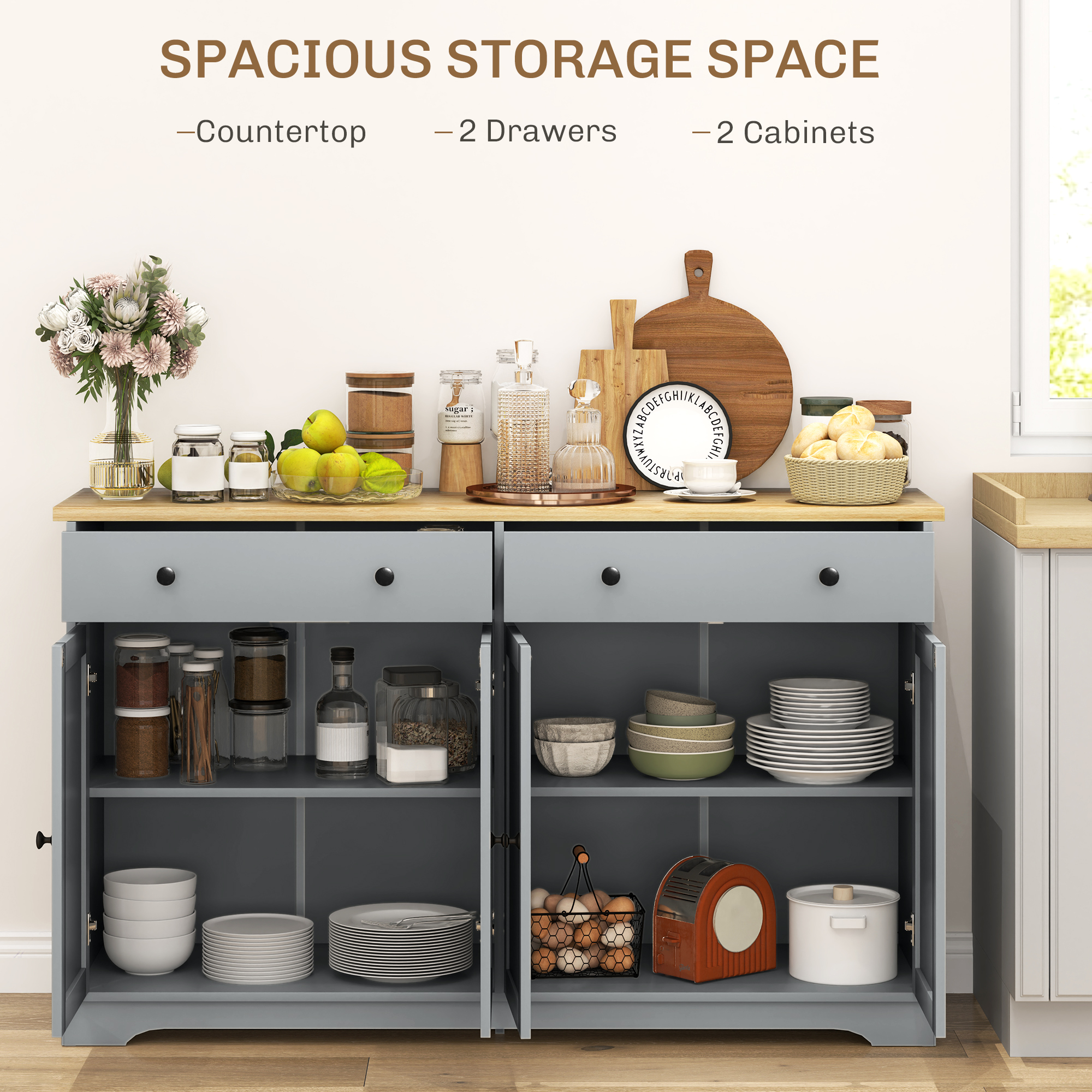 Modern Sideboard, Buffet Cabinet with Storage Drawers, Adjustable Shelves for Living Room, Dining Room, Entryway, Grey - Image 2