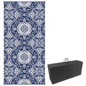 Portable Outdoor Rug with Carry Bag, 9' x 18' Reversible Mat, Waterproof Plastic Straw RV Rug for Backyard, Deck, Picnic, Beach, Camping, Blue & White Flower