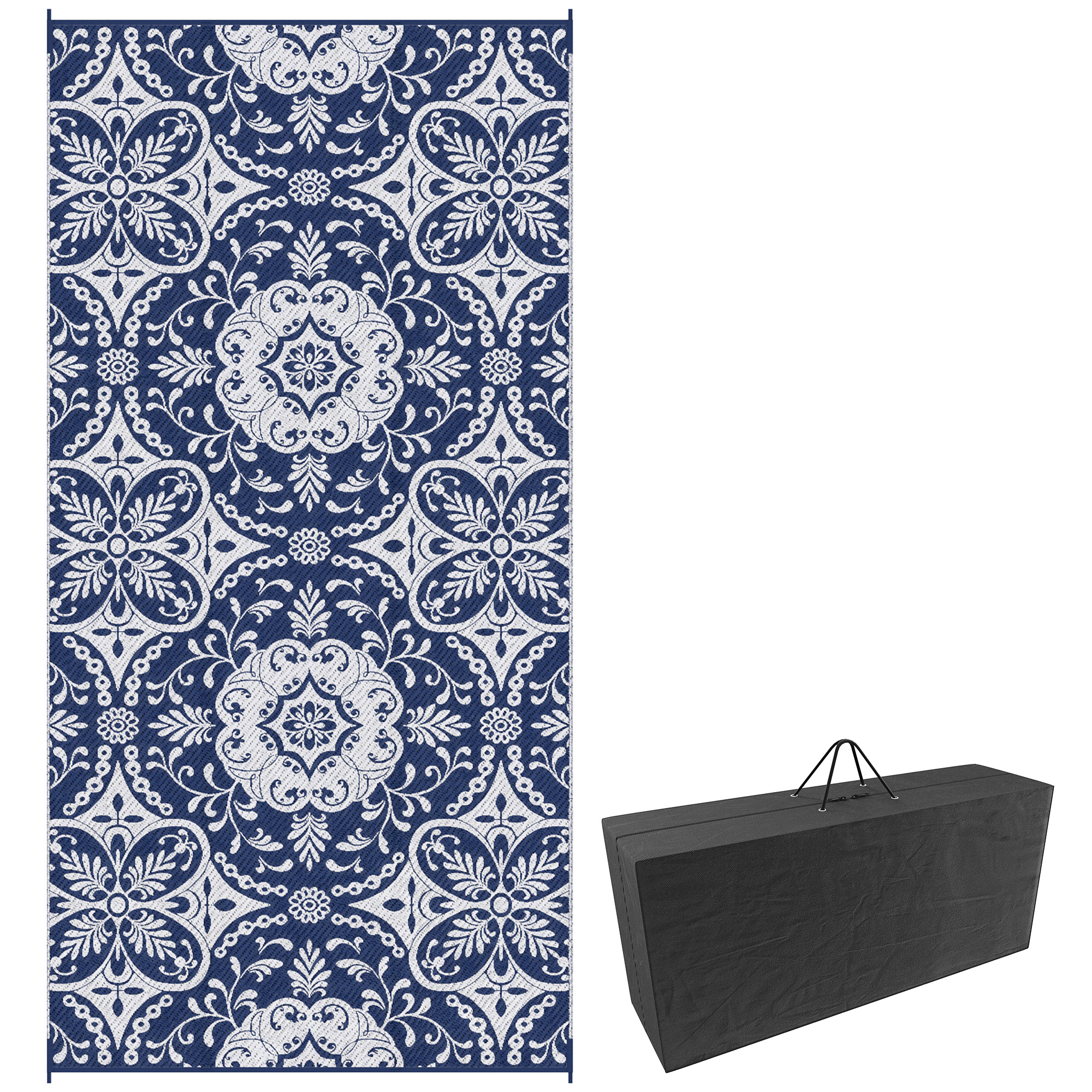Portable Outdoor Rug with Carry Bag, 9' x 18' Reversible Mat, Waterproof Plastic Straw RV Rug for Backyard, Deck, Picnic, Beach, Camping, Blue & White Flower