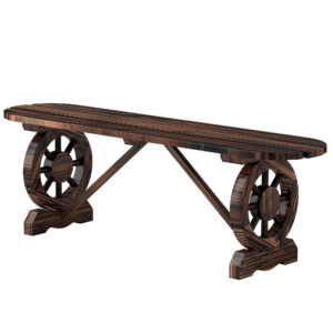 2-Person Outdoor Bench, Wood Garden Bench with Wagon Wheel Legs, Slatted Seat for Patio, Park, Backyard, Carbonized