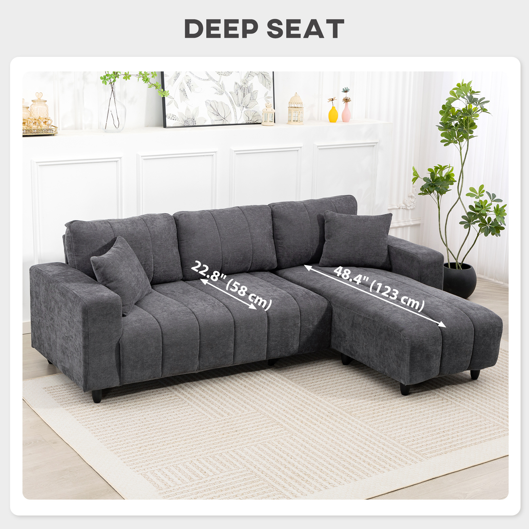 Sectional Couch with Integrated Seat, 3 Seater L-Shaped Sofa with Changeable Chaise, Spring Cushion, 2 Pillows, Grey - Image 6