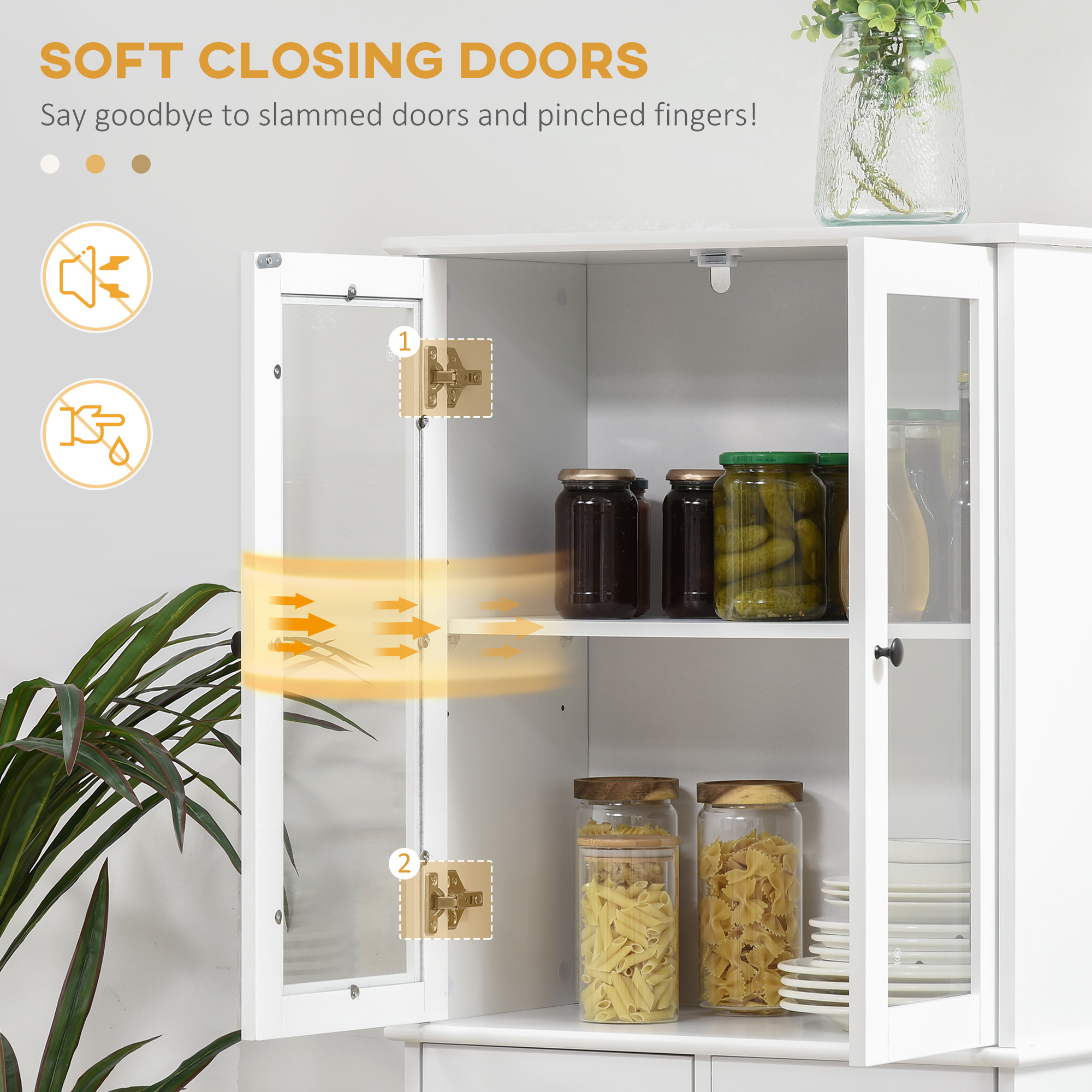 61" Kitchen Pantry Cabinet, Freestanding Farmhouse Buffet Storage Cabinet with Soft Close Glass Doors and Adjustable Shelves, White - Image 3