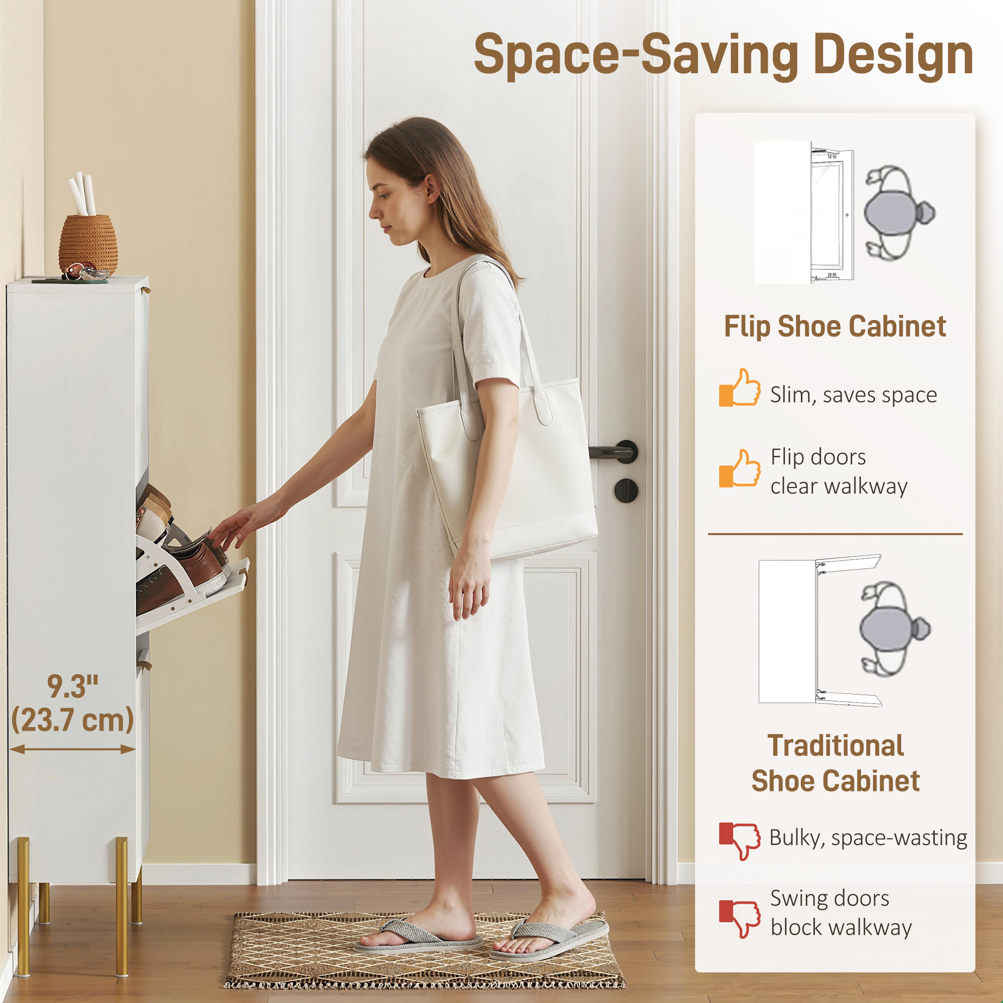 Shoe Cabinet with 3 Flip Drawers, Modern Narrow Shoe Storage Cabinet with Adjustable Shelves, White - Image 2