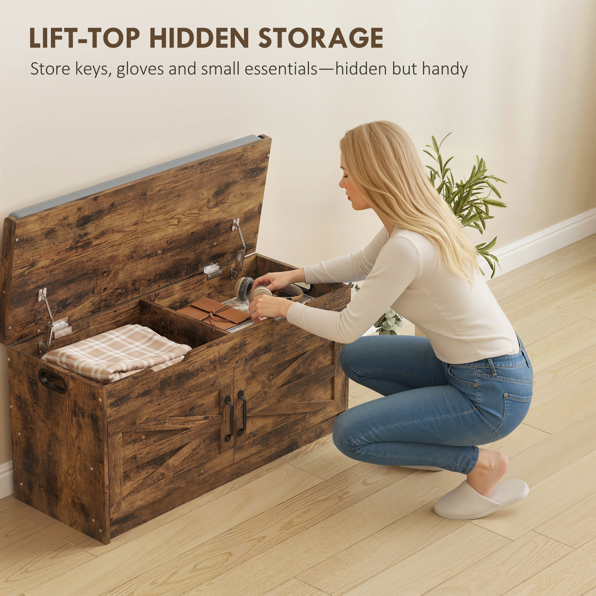 Shoe Storage Bench, Entryway Bench with 2-Tier Cabinet, Flip-Top Storage, Padded Cushion for Hallway, Rustic Brown - Image 4