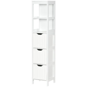 Narrow Bathroom Cabinet with 3 Drawers and 2 Tier Shelf, Tall Cupboard Freestanding Linen Tower, White