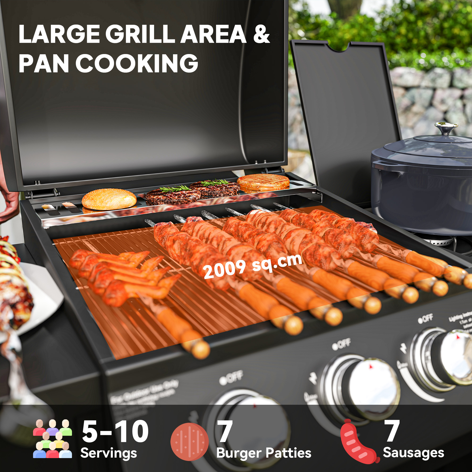 3 Burner Gas Grill with Side Burner, 9.5 KW Propane BBQ Grill, Cabinet Style with Shelves, Wheels, Instant Ignition - Image 2