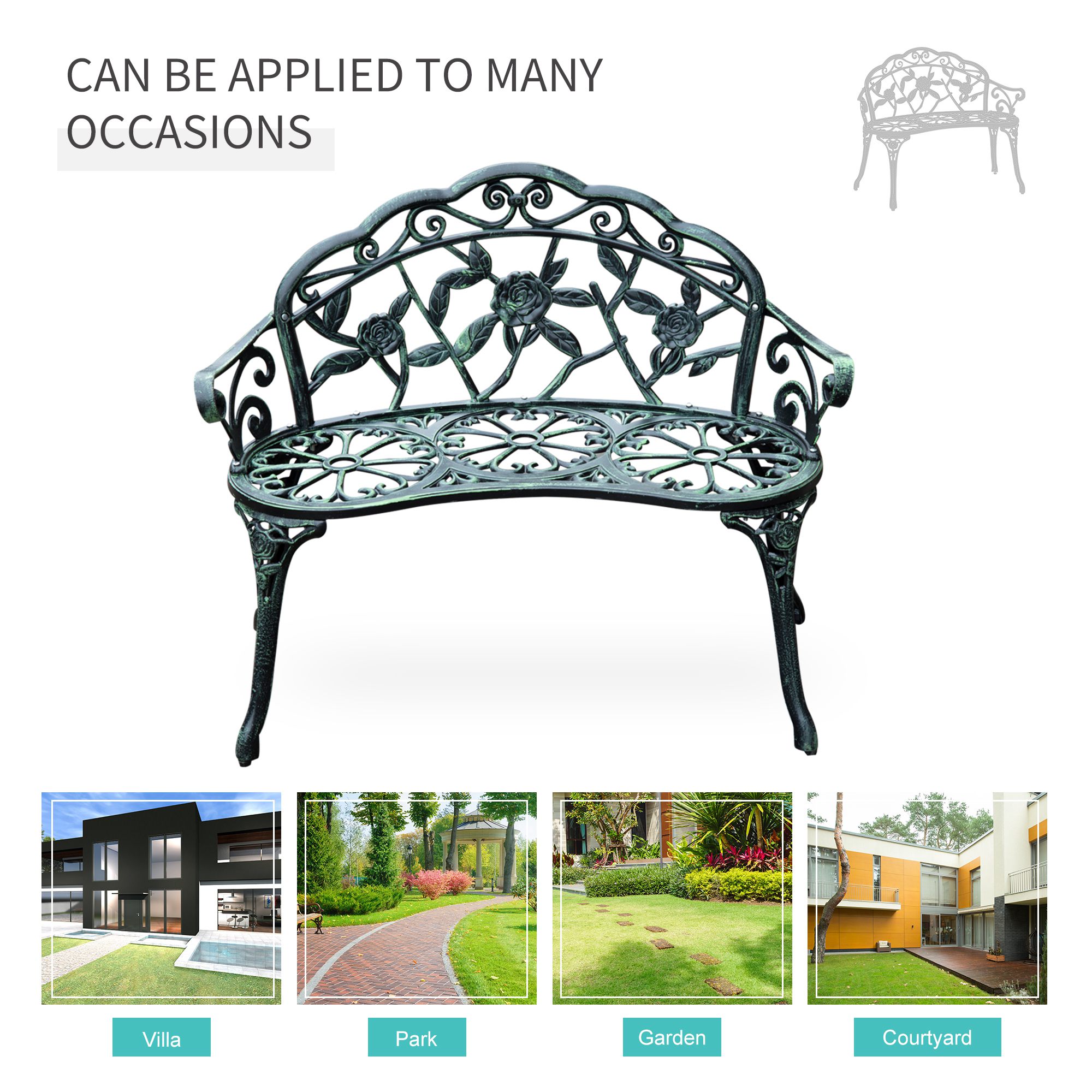 40" Outdoor Garden Bench, Cast Aluminum Antique Rose Style Patio Garden Park Loveseat Bench for Backyard, Porch, Balcony, Lawn, Green - Image 5