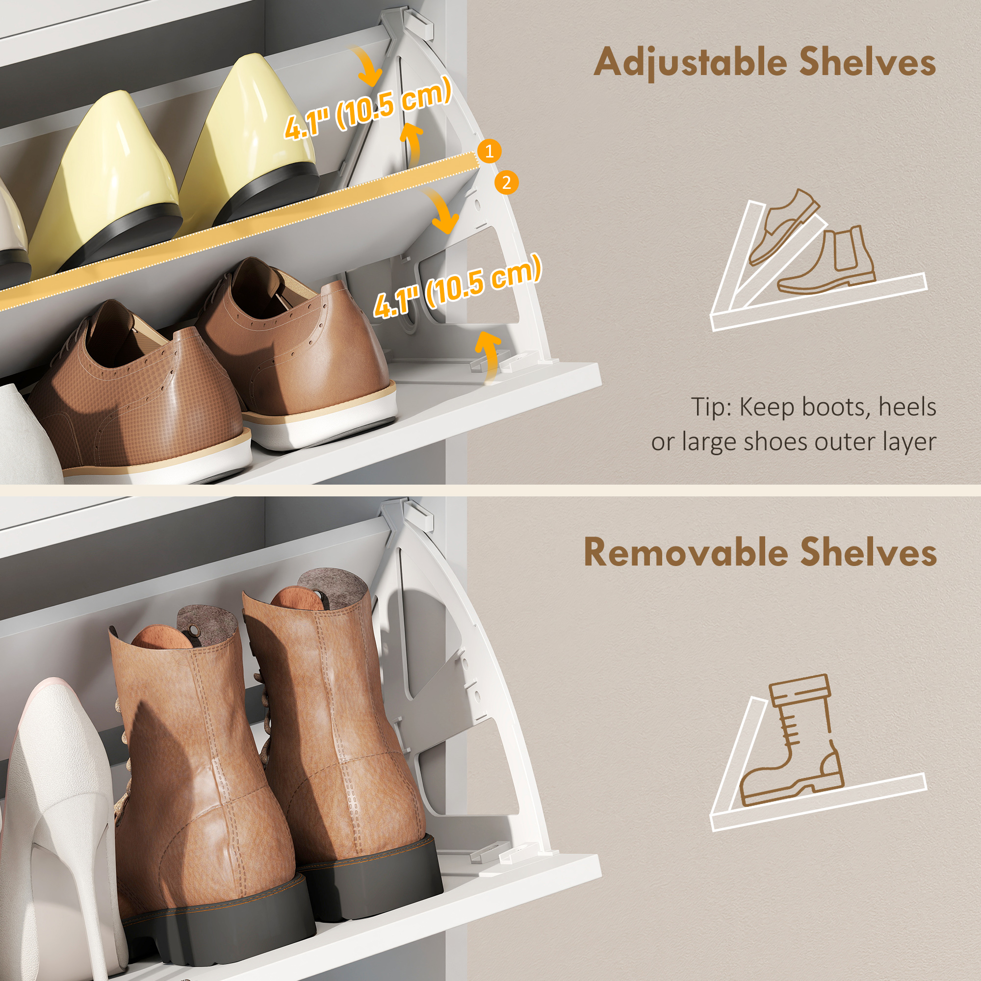 Shoe Cabinet with 2 Large Flip Drawers, Farmhouse Narrow Shoe Storage Cabinet with 2 Top Compartments, White - Image 4