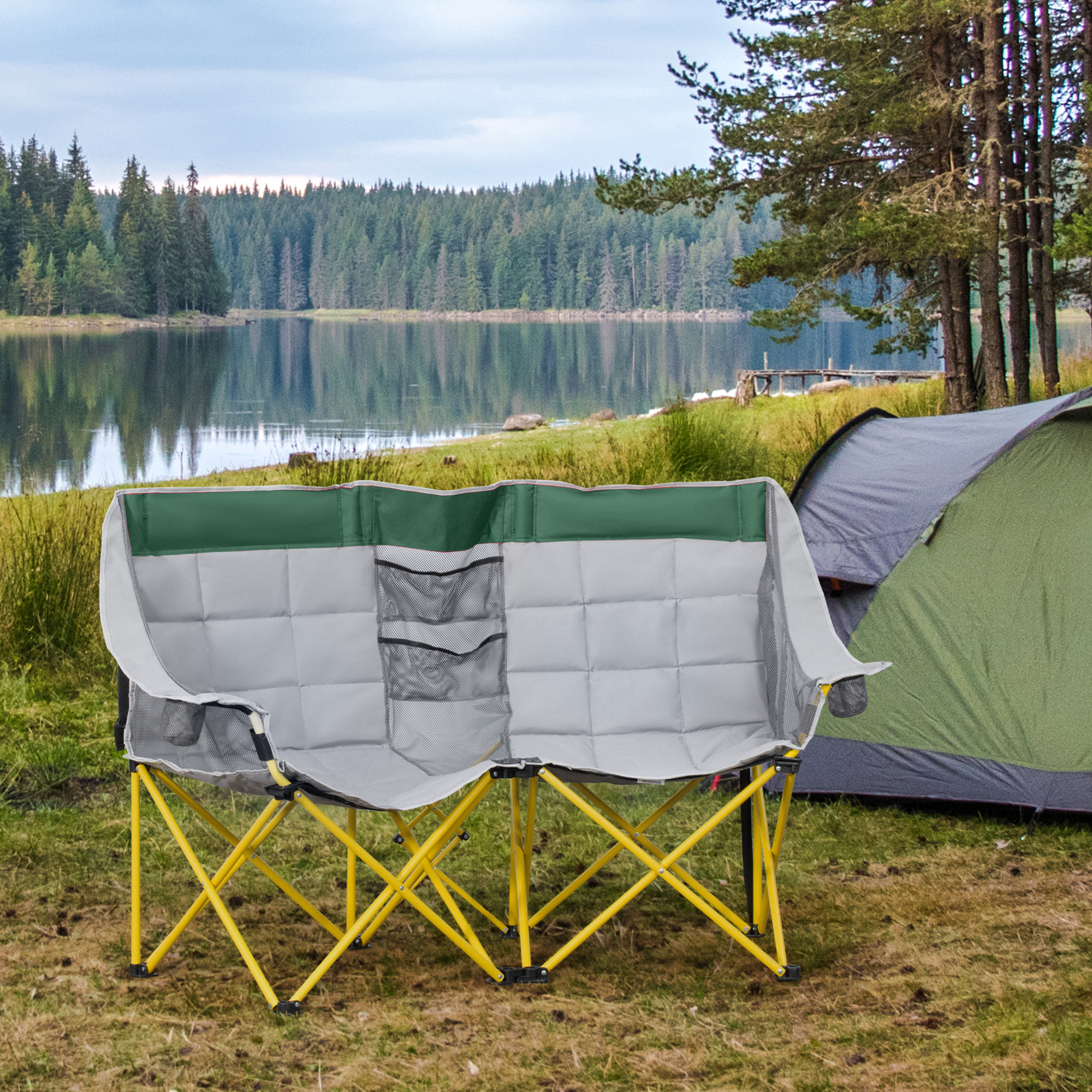 62" W Double Seat Camping Chair Folding Lawn Loveseat w/ Storage Pocket & Cup Holder Compact in a Bag for Outdoor, Beach, Picnic, Hiking, Travel, Green - Image 6