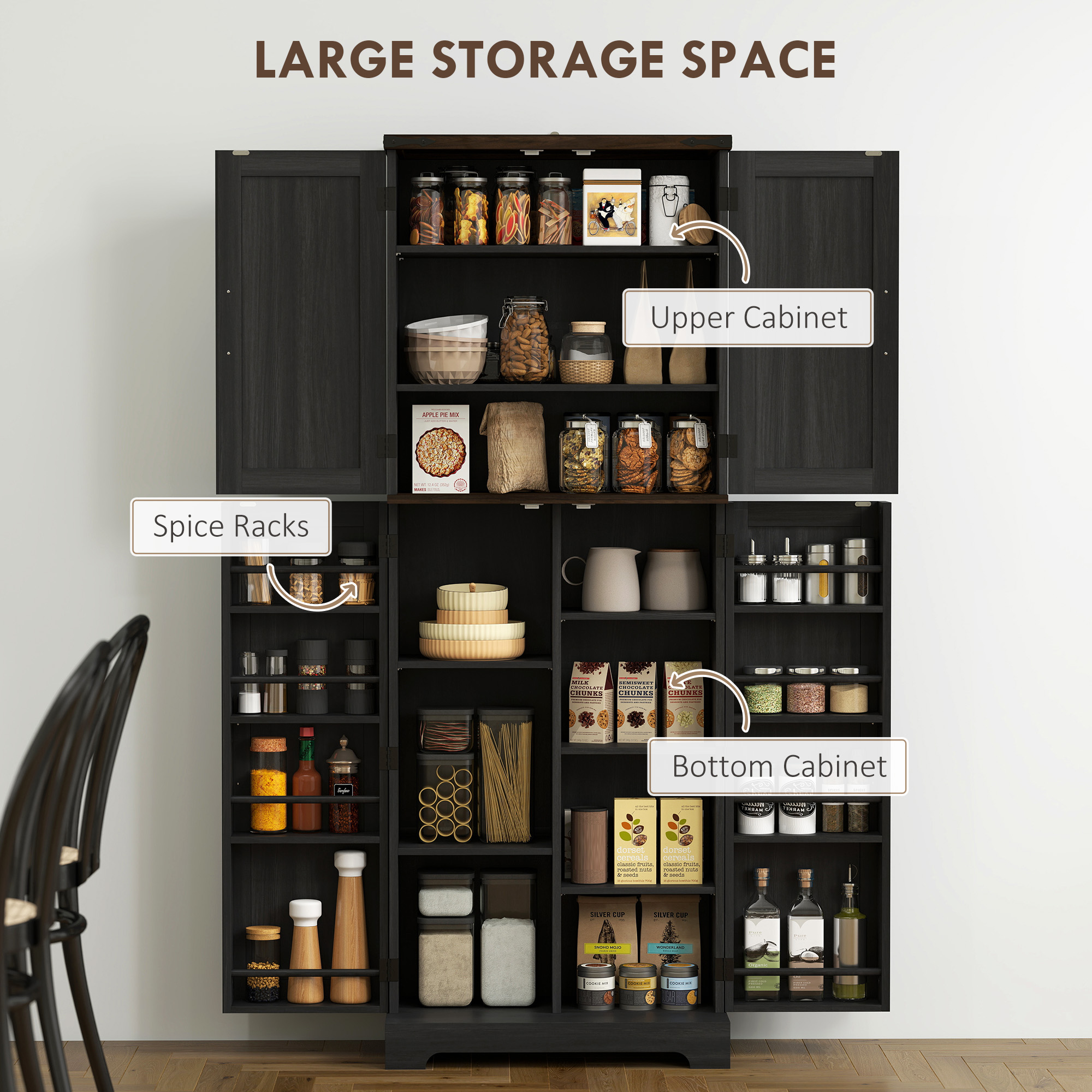 64" Tall Kitchen Pantry Cabinet with Spice Racks and Adjustable Shelves, Black Wood Grain - Image 2