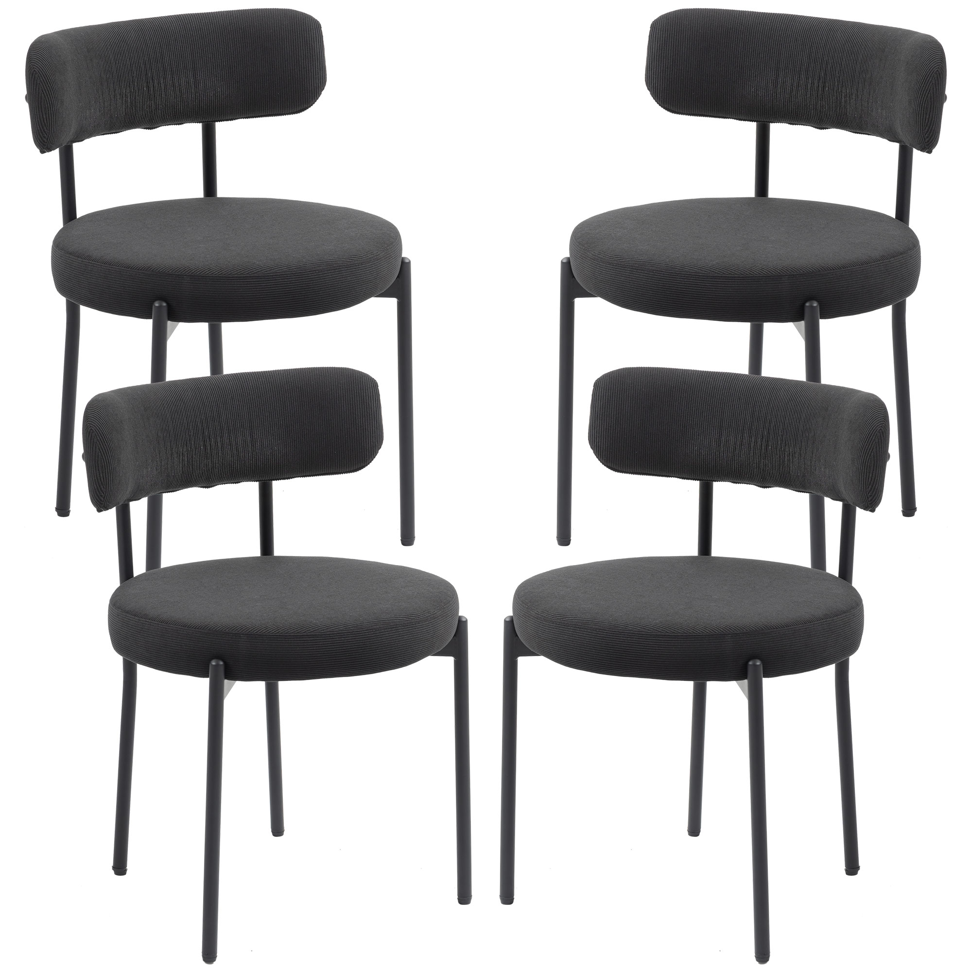 4 Pieces Kitchen Chairs, Modern Dining Chairs w/ Corduroy Upholstery and Steel Legs for Living Room, Black