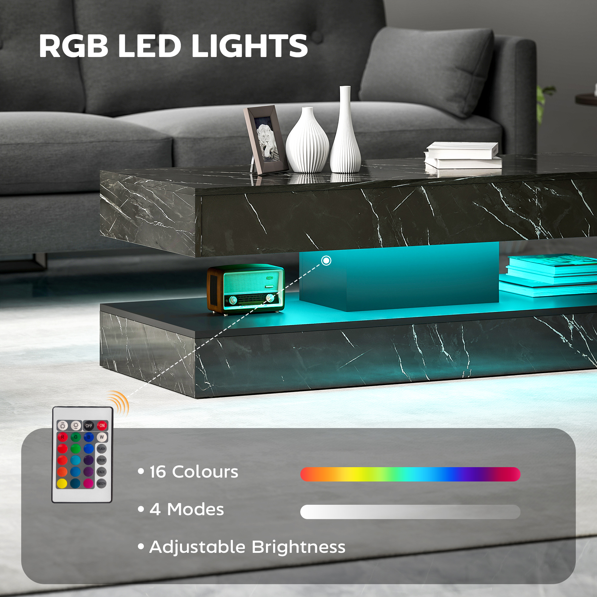 Coffee Table with Adjustable LED Lights, Center Table with 2 Drawers, Open Shelf, Remote, High Gloss Marble-Effect Black - Image 2
